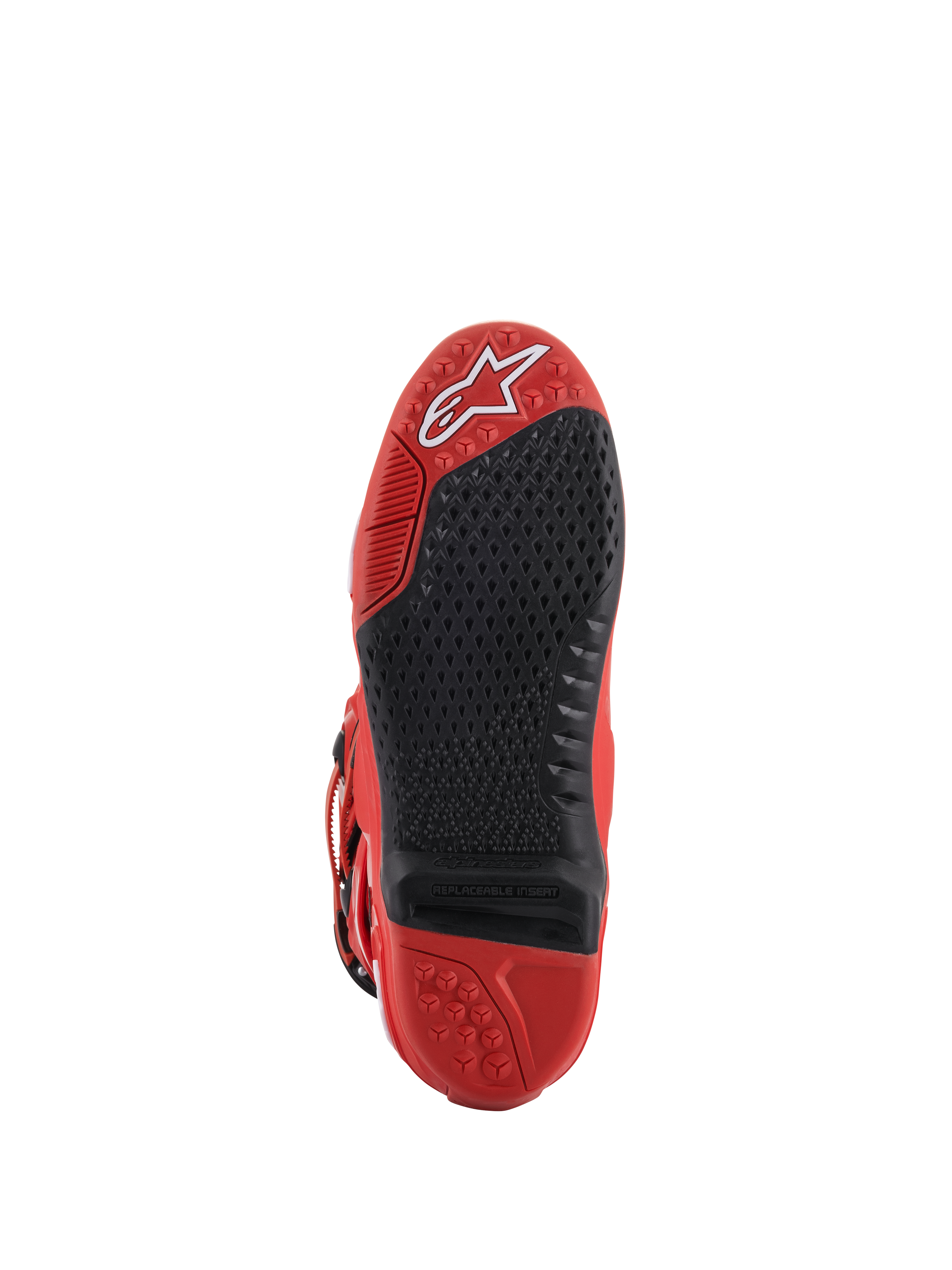 Alpinestars Tech 10 Stiefel, Rot, Sohlenansicht, mit schwarzem, austauschbarem zentralem Einsatz mit Mikro-Grip-Struktur, weißem Alpinestars-Logo im Zehenbereich, strapazierfähige Gummikonstruktion für Motocross-Rennen