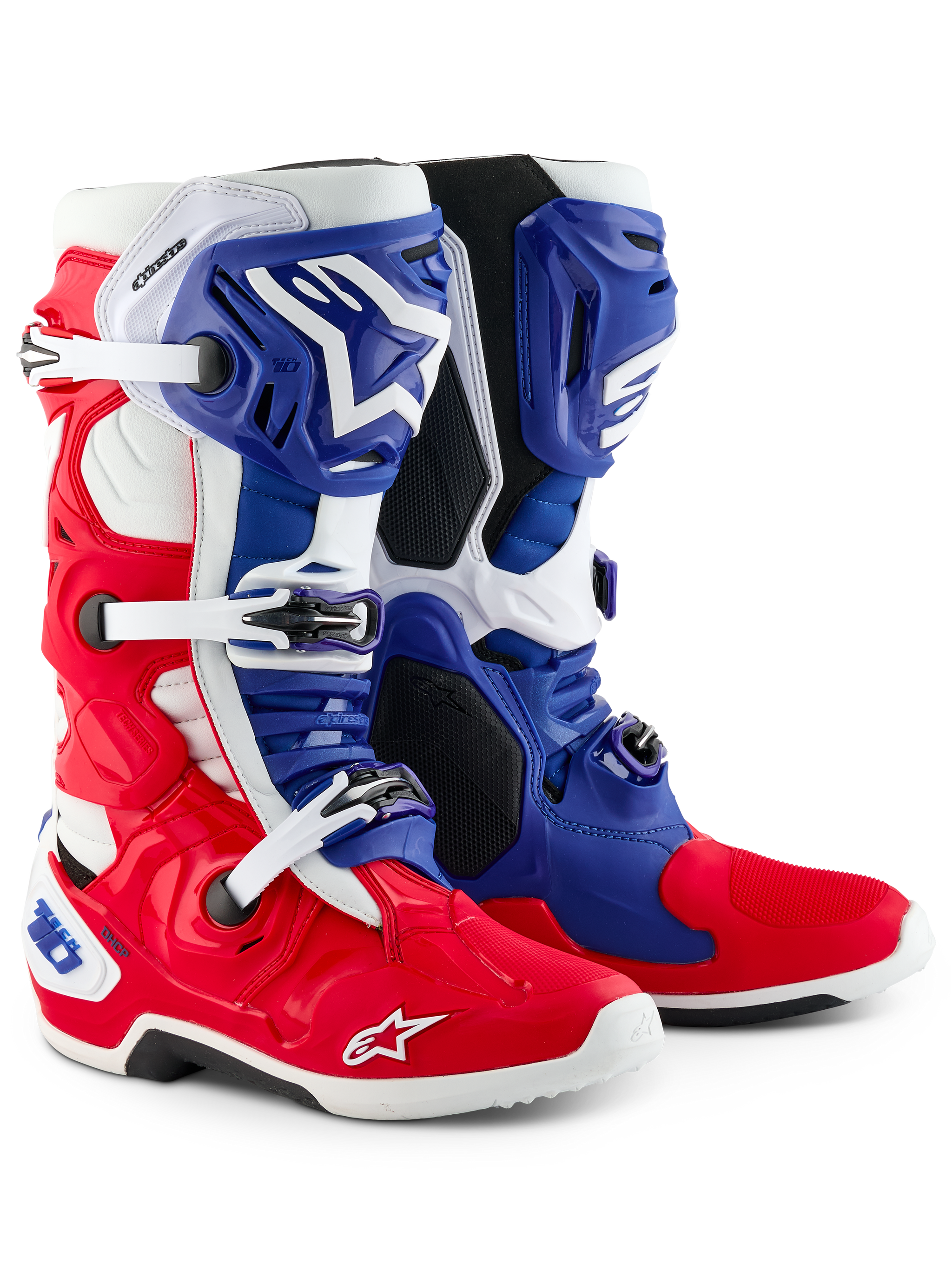 Alpinestars Limited Edition Fortitude Tech 10 Stiefel, Motocross-Stiefel, Leuchtendes Rot, Weiß und Blau, mit dreifachem Schnallenverschluss, Astars-Branding und patriotischem Design, strapazierfähige TPU- und Mikrofaser-Konstruktion für Elite-Offroad-Performance