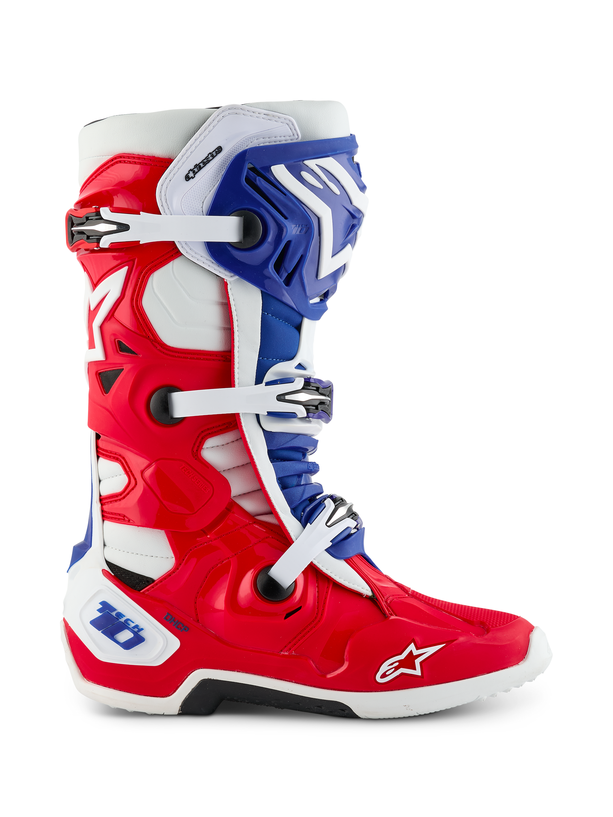 Alpinestars Limited Edition Fortitude Tech 10 Stiefel, Motocross-Stiefel, patriotisches Design in leuchtendem Rot, Weiß und Blau, Seitenansicht mit dreifachem Schnallenverschluss, schützender TPU-Schale und Alpinestars-Logo auf der Zehenkappe, erstklassiges Offroad-Schuhwerk