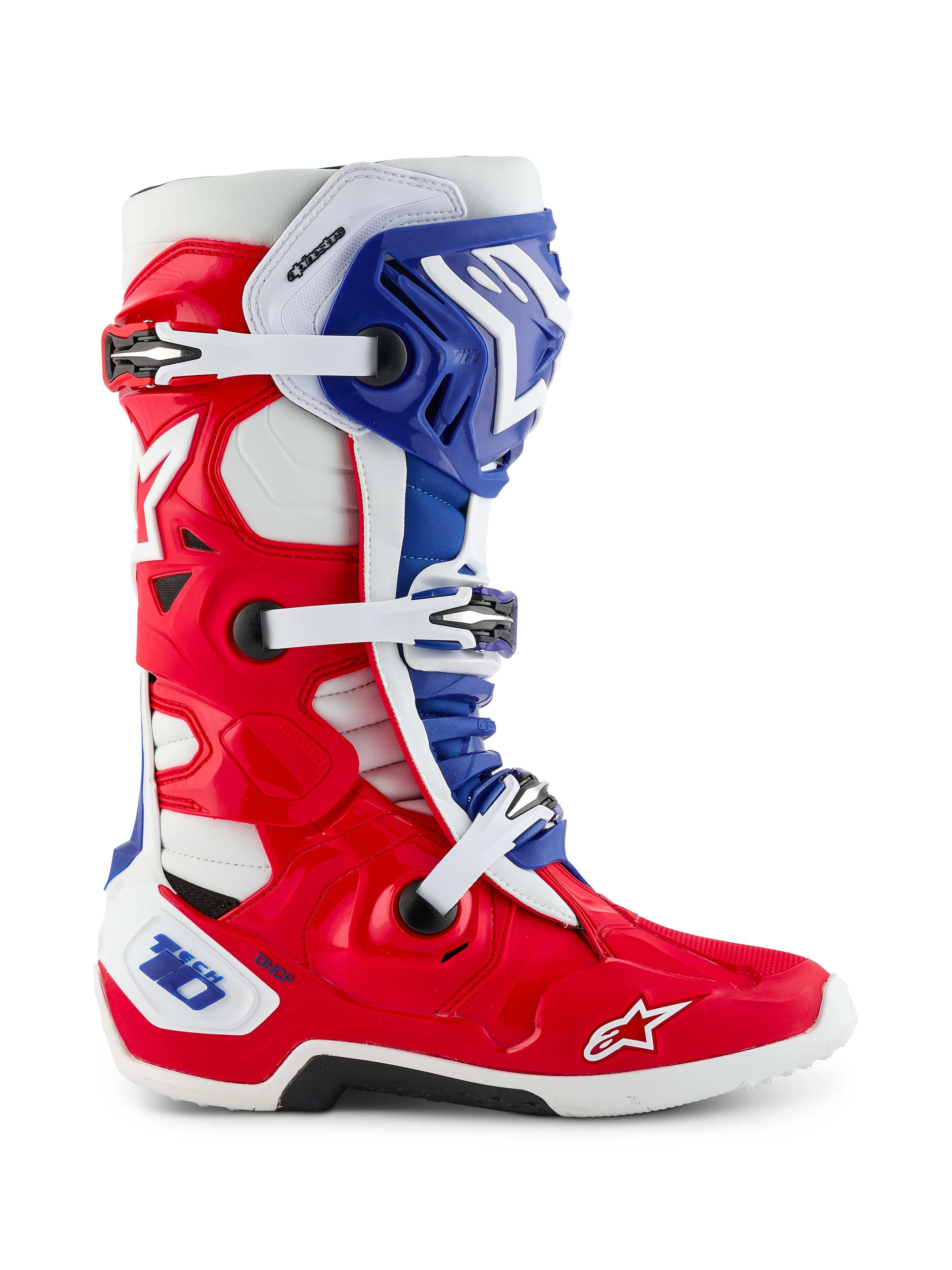 Alpinestars Limited Edition Fortitude Tech 10 Stiefel, Motocross-Stiefel, patriotisches Design in leuchtendem Rot, Weiß und Blau, Seitenansicht mit dreifachem Schnallenverschluss, schützender TPU-Schale und Alpinestars-Logo auf der Zehenkappe, erstklassiges Offroad-Schuhwerk