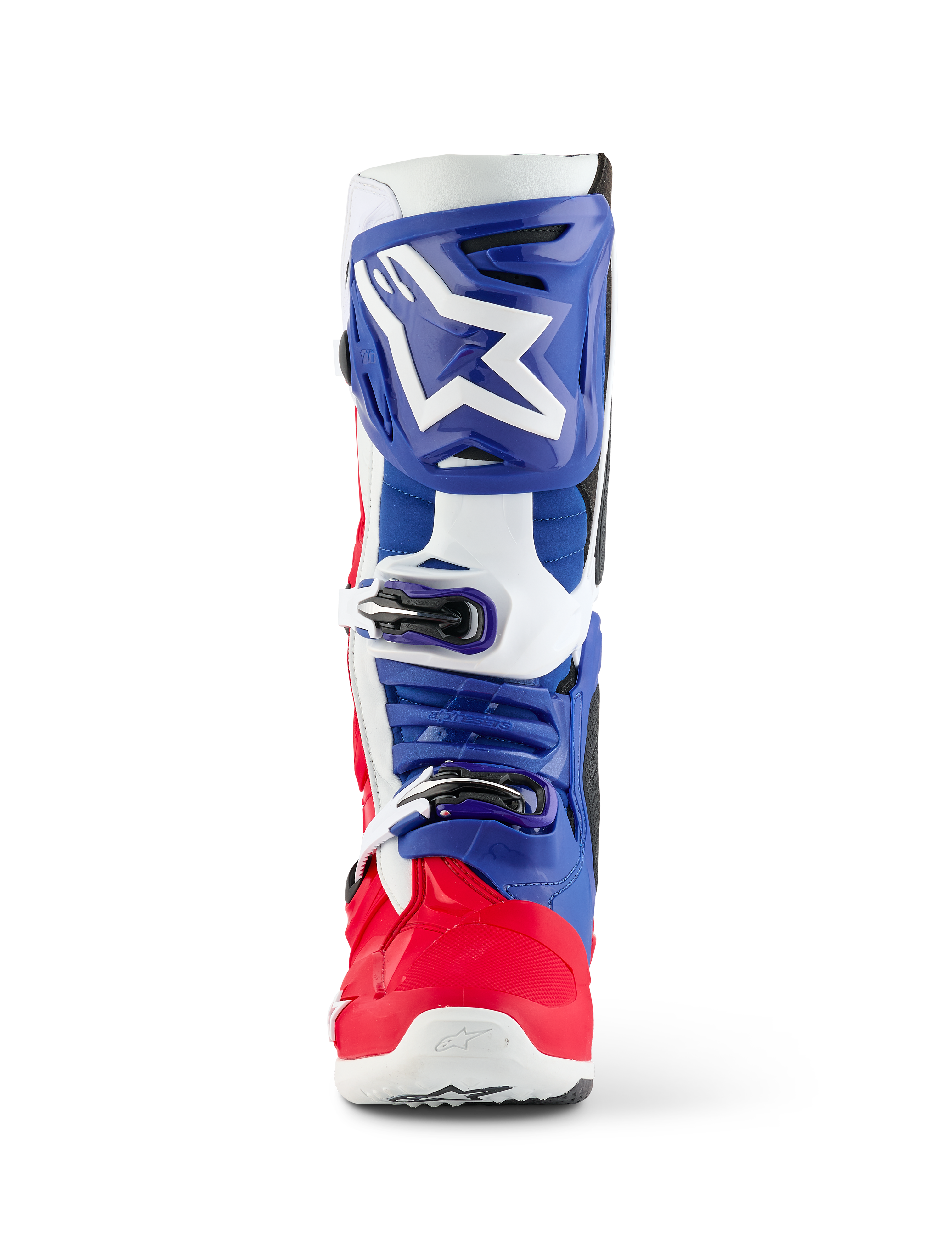 Alpinestars Limited Edition Fortitude Tech 10 Boot, Motocross Boot, Bright Red White and Blue, front view featuring a large white star logo on a blue shin plate, triple buckle closure system, and vibrant red foot shell, designed for elite off-road performance.
