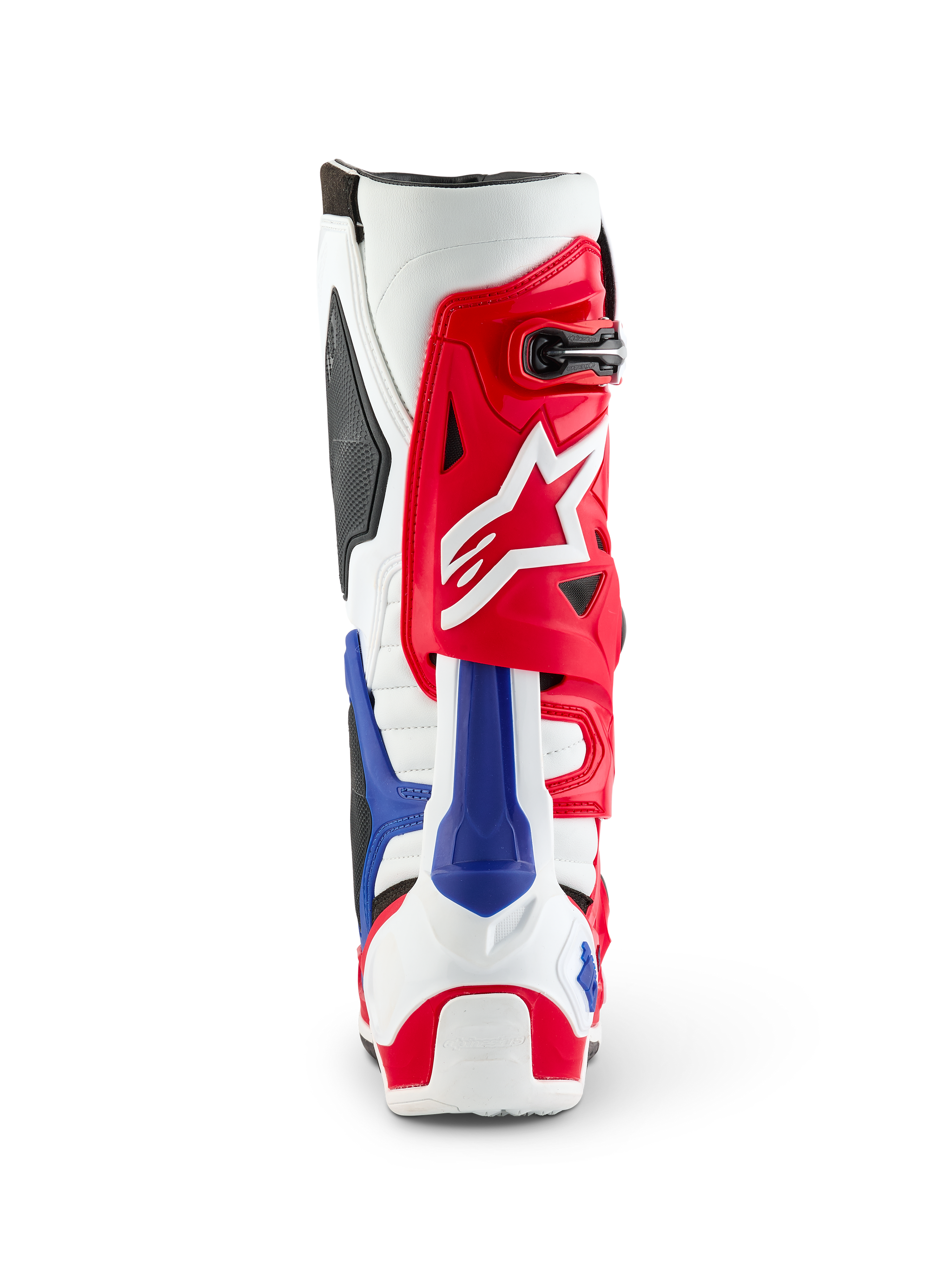 Alpinestars Limited Edition Fortitude Tech 10 Stiefel, Rückansicht, patriotische Farbgebung in Rot, Weiß und Blau, auffälliges rotes Obermaterial mit weißem Stern-Logo und blauem Fersenschutz, professionelles Motocross-Performance-Schuhwerk