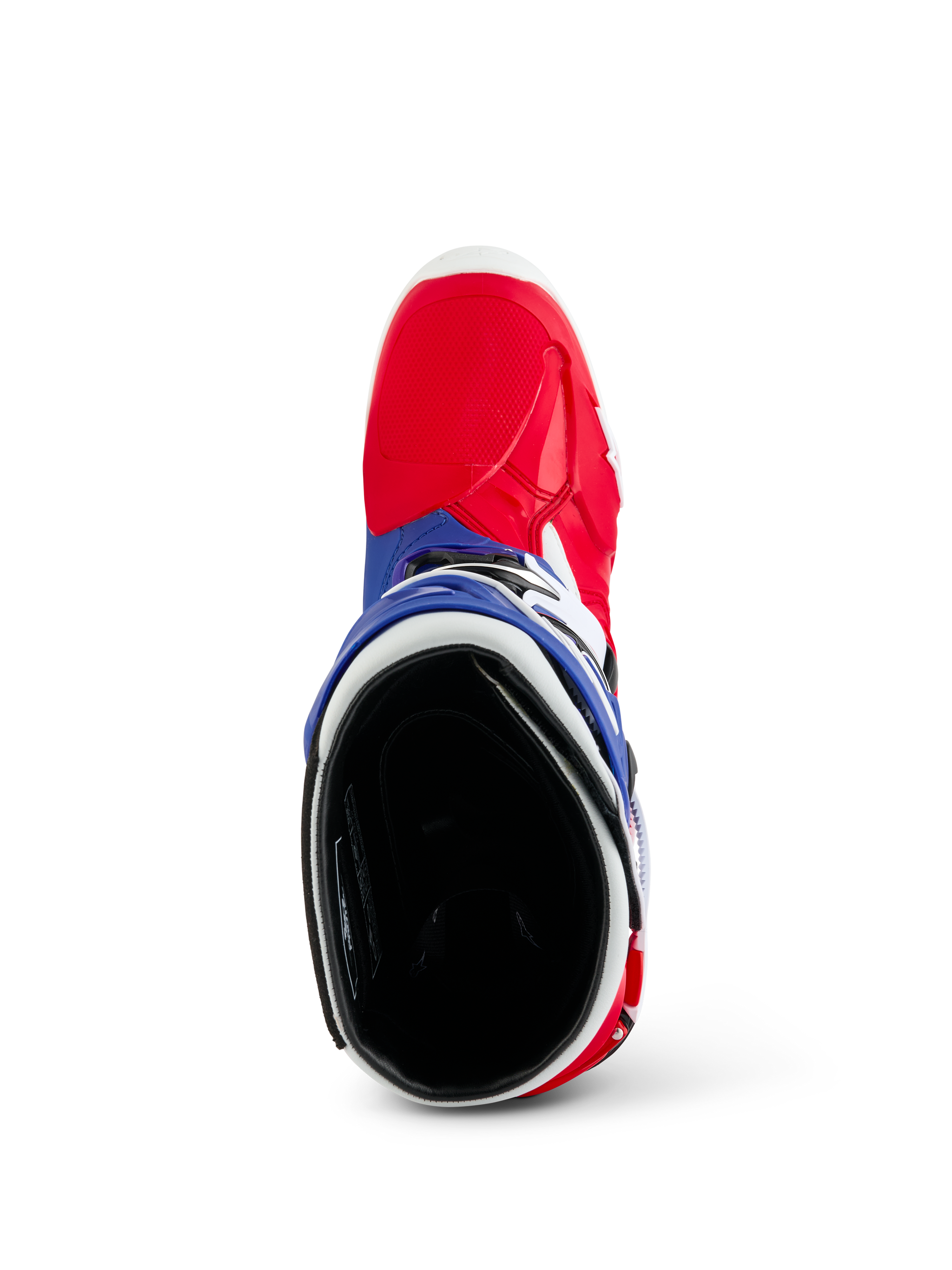 Alpinestars Limited Edition Fortitude Tech 10 Stiefel, Motocross-Stiefel, Leuchtendes Rot, Weiß und Blau, Ansicht von oben zeigt den roten Zehenbereich und die blaue Manschette mit schwarzer gepolsterter Innenseite, strapazierfähige Offroad-Rennausrüstung