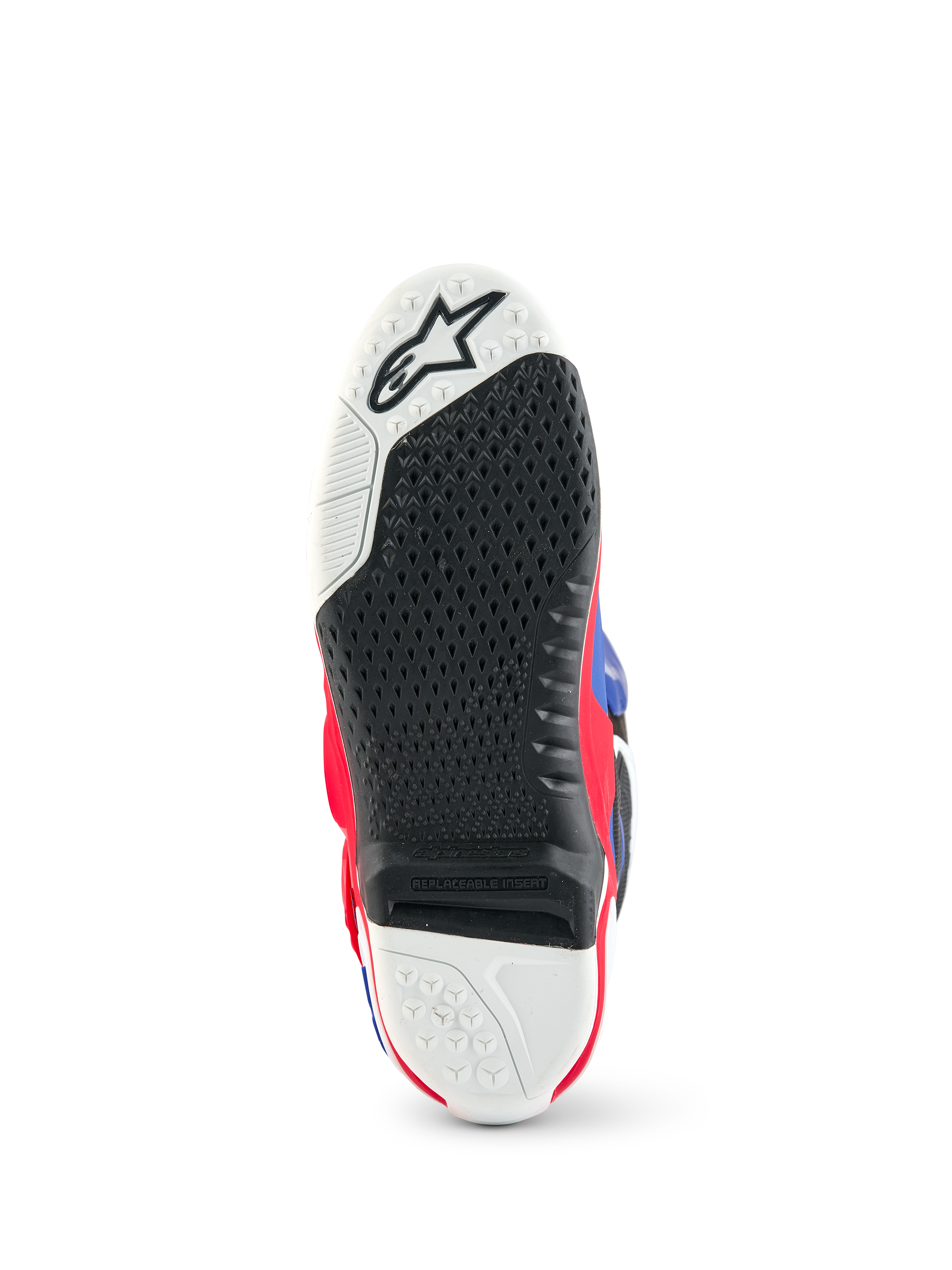 Alpinestars Limited Edition Fortitude Tech 10 Boot, Motocross Boot sole view, black and white textured grip pattern, replaceable central insert, Bright Red White Blue accents, durable construction for off-road performance