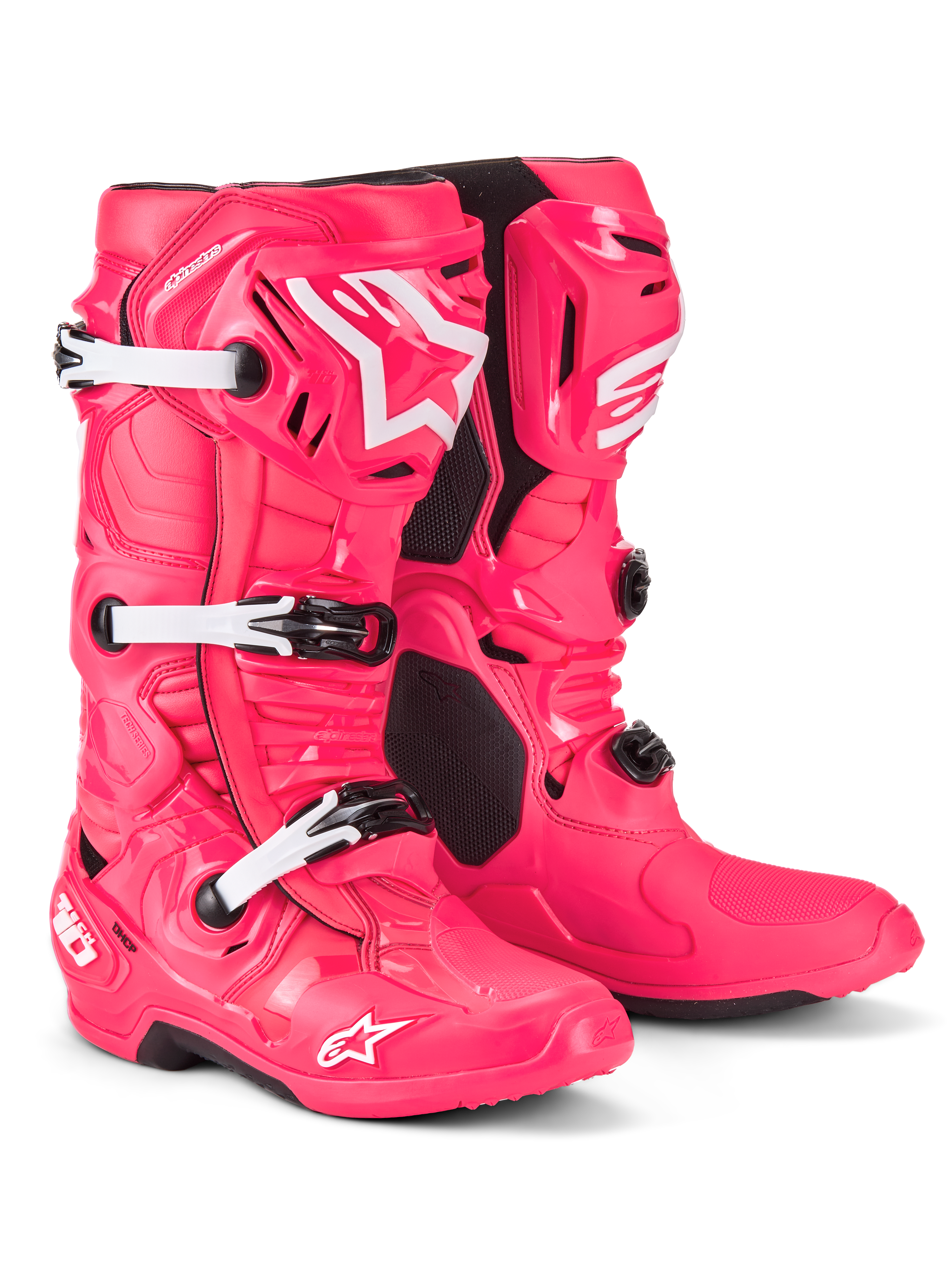 Alpinestars Tech 10 Stiefel, Motocross-Stiefel, Diva Pink und Weiß, mit einer leichten Verbundkonstruktion, einem Dreifach-Schnallensystem, einer TPU-Schutzschale und dem ikonischen Stern-Logo auf Schienbein und Zehenbereich, professionelles Schuhwerk für den Offroad-Rennsport.