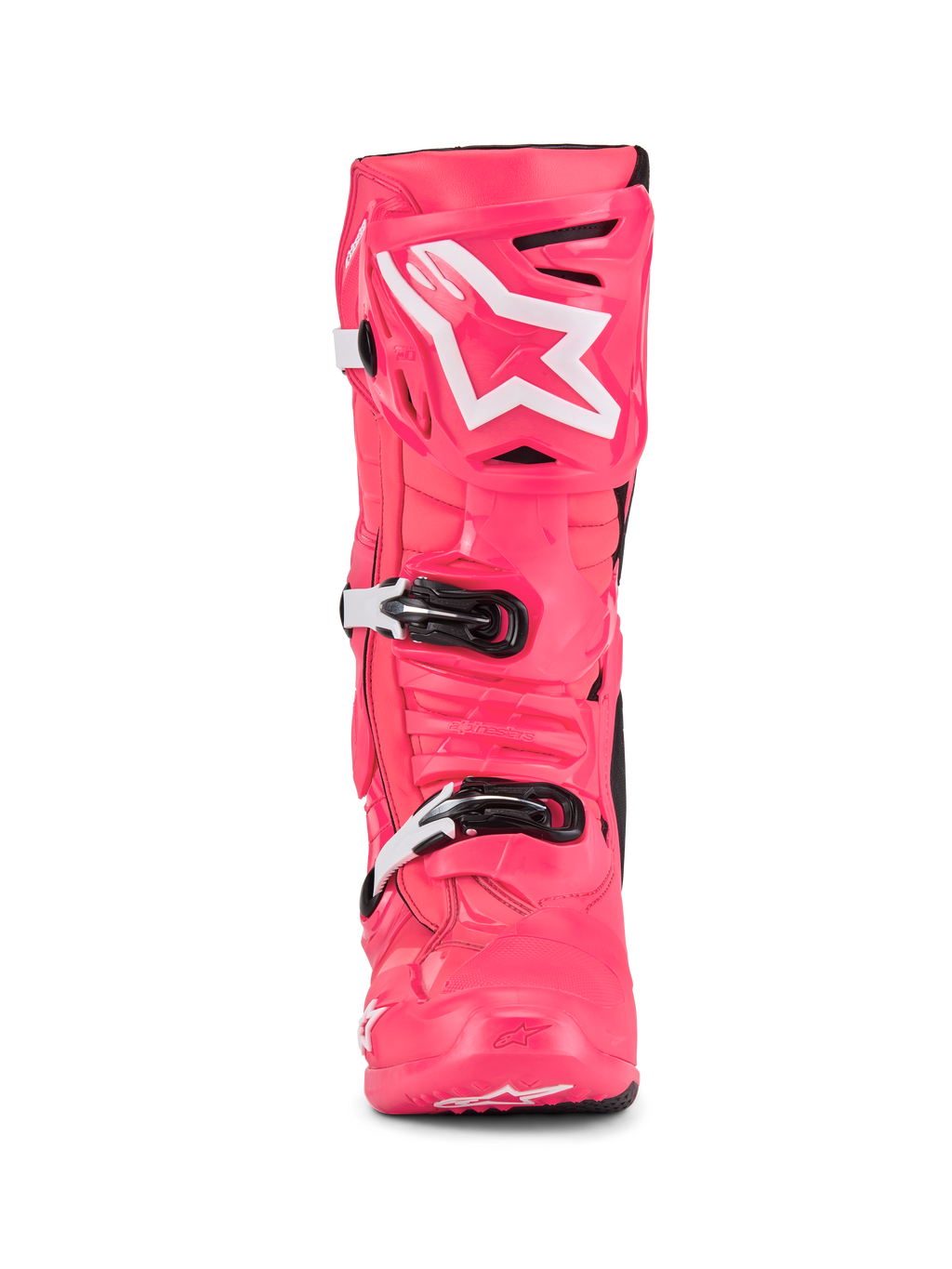 Alpinestars Tech 10 Stiefel, Motocross-Stiefel, Diva Pink und Weiß, Frontansicht, mit weißem Stern-Logo auf der Schienbeinplatte, strapazierfähige TPU-Schale mit schwarz-weißen Schnallen, professionelles Offroad-Rennschuhwerk