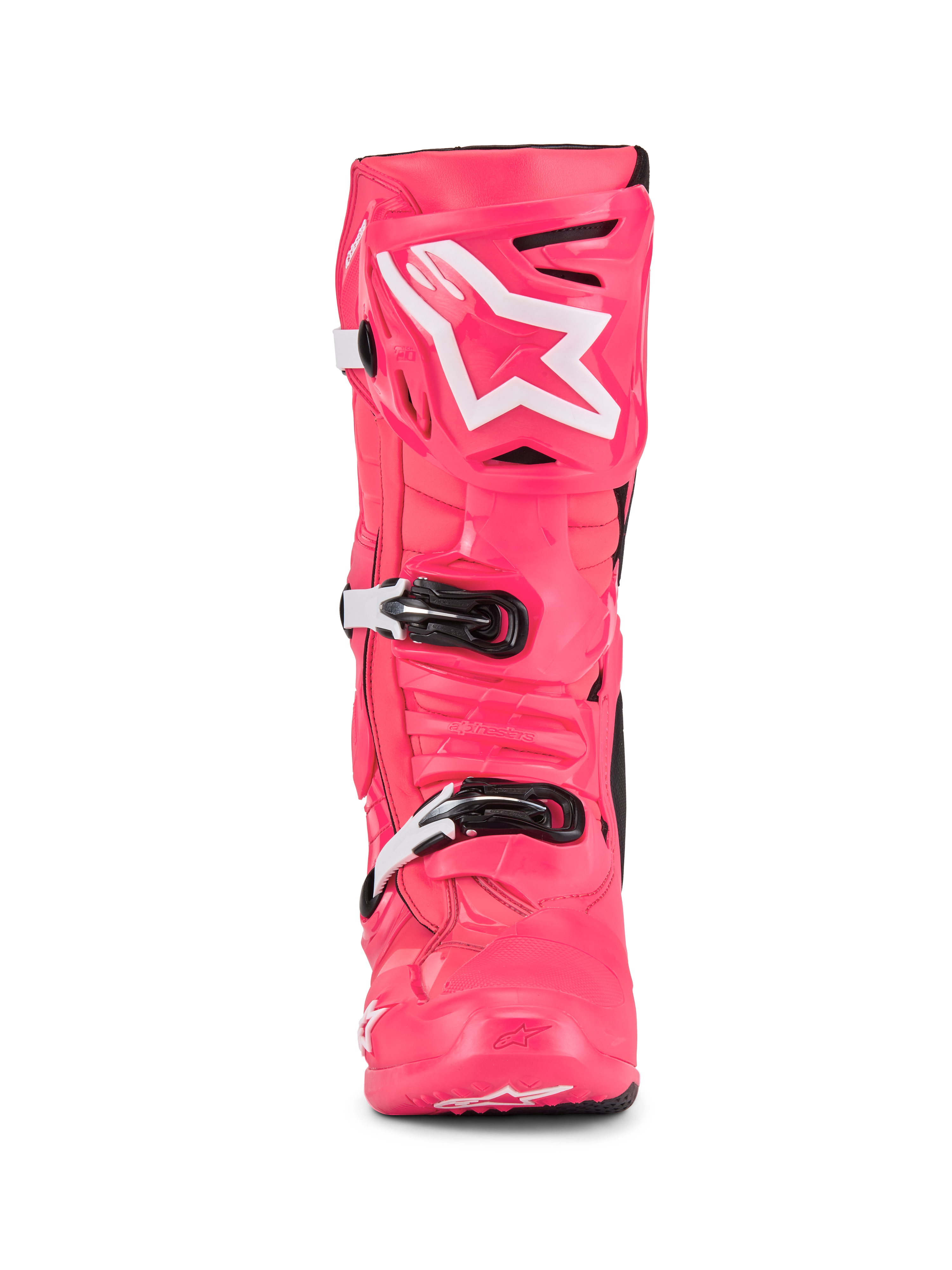 Alpinestars Tech 10 Stiefel, Motocross-Stiefel, Diva Pink und Weiß, Frontansicht, mit weißem Stern-Logo auf der Schienbeinplatte, strapazierfähige TPU-Schale mit schwarz-weißen Schnallen, professionelles Offroad-Rennschuhwerk