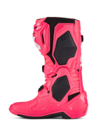 Alpinestars Tech 10 Stiefel, Motocross-Stiefel, Diva Pink und Weiß, mit schwarzen TPU-Schutzpaneelen, beweglichem Flex-Rahmen und robustem Offroad-Design.