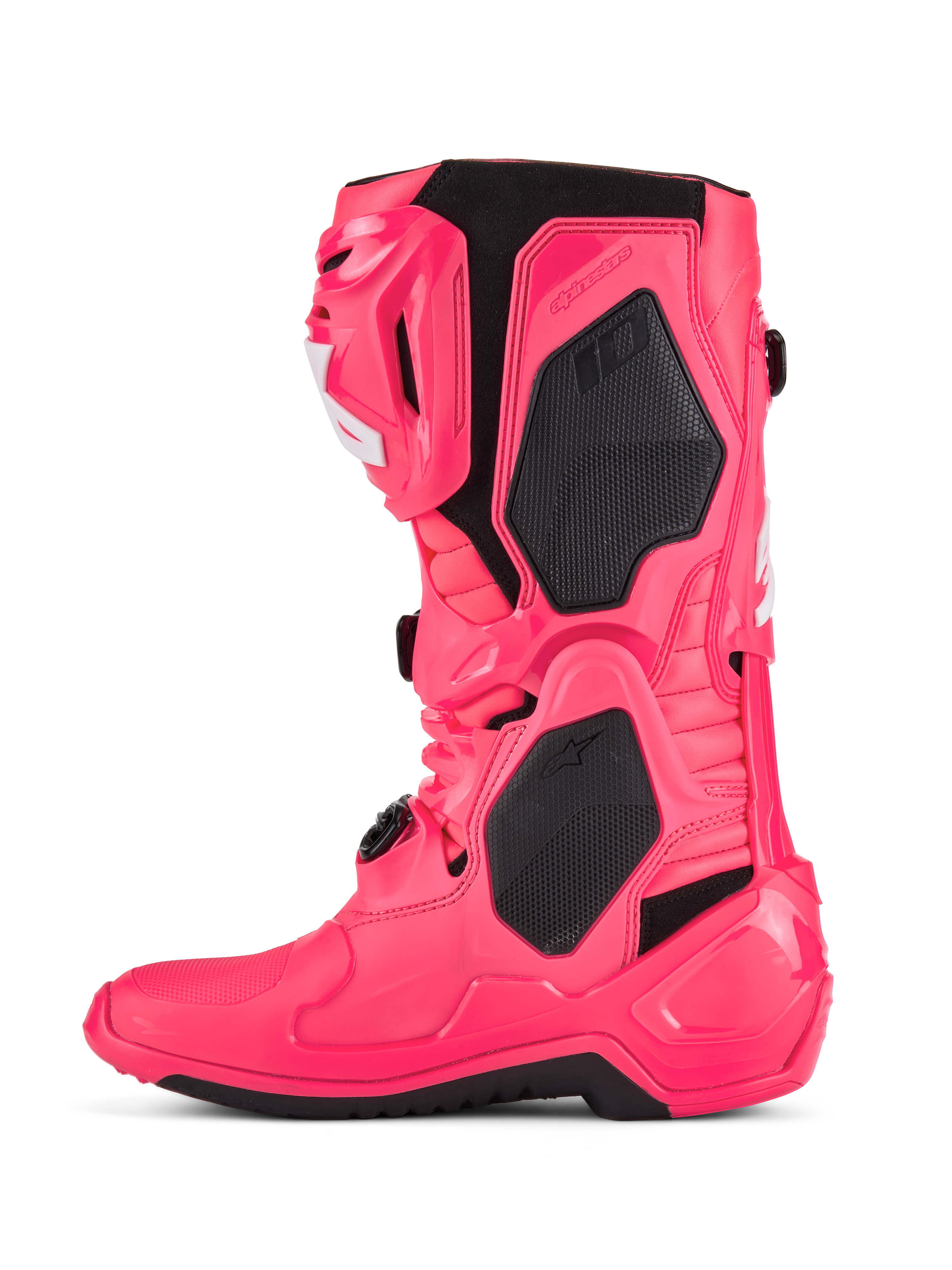 Alpinestars Tech 10 Stiefel, Motocross-Stiefel, Diva Pink und Weiß, mit schwarzen TPU-Schutzpaneelen, beweglichem Flex-Rahmen und robustem Offroad-Design.
