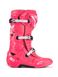 Alpinestars Tech 10 Stiefel, Motocross-Rennstiefel, Diva Pink und Weiß, Dreifach-Schnallensystem, CE-zertifizierter Schutz, strukturiertes kantiges Design mit weißen Stern-Logos und robuster schwarzer Sohle