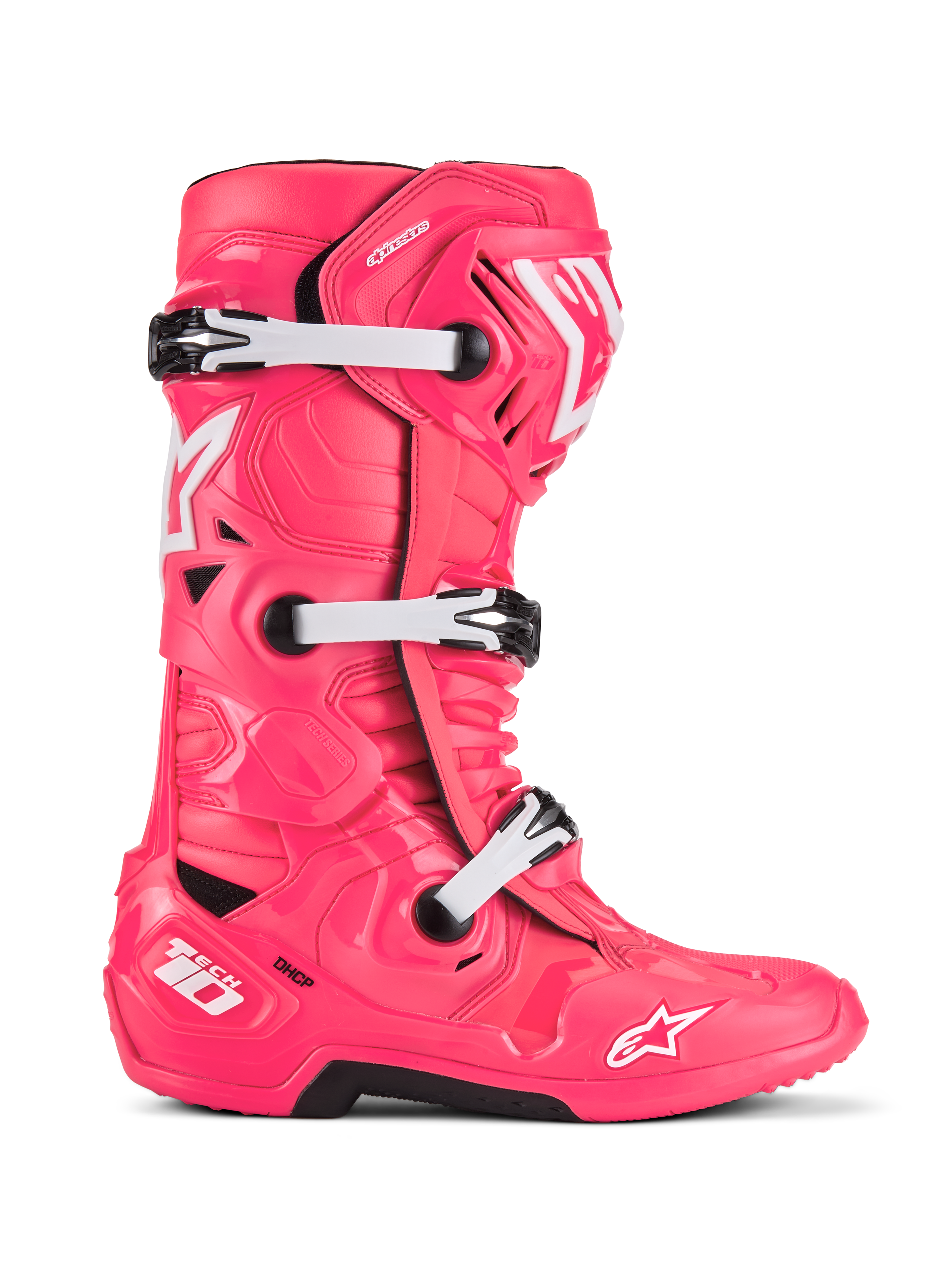 Alpinestars Tech 10 Stiefel, Motocross-Rennstiefel, Diva Pink und Weiß, Dreifach-Schnallensystem, CE-zertifizierter Schutz, strukturiertes kantiges Design mit weißen Stern-Logos und robuster schwarzer Sohle