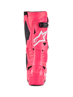 Alpinestars Tech 10 Stiefel, Motocross-Stiefel, Diva Pink und Weiß, Rückansicht mit weißem Alpinestars Stern-Logo, schwarzen Akzenten und strukturiertem Fersen- und Wadenschutz, professionelles Offroad-Rennschuhwerk