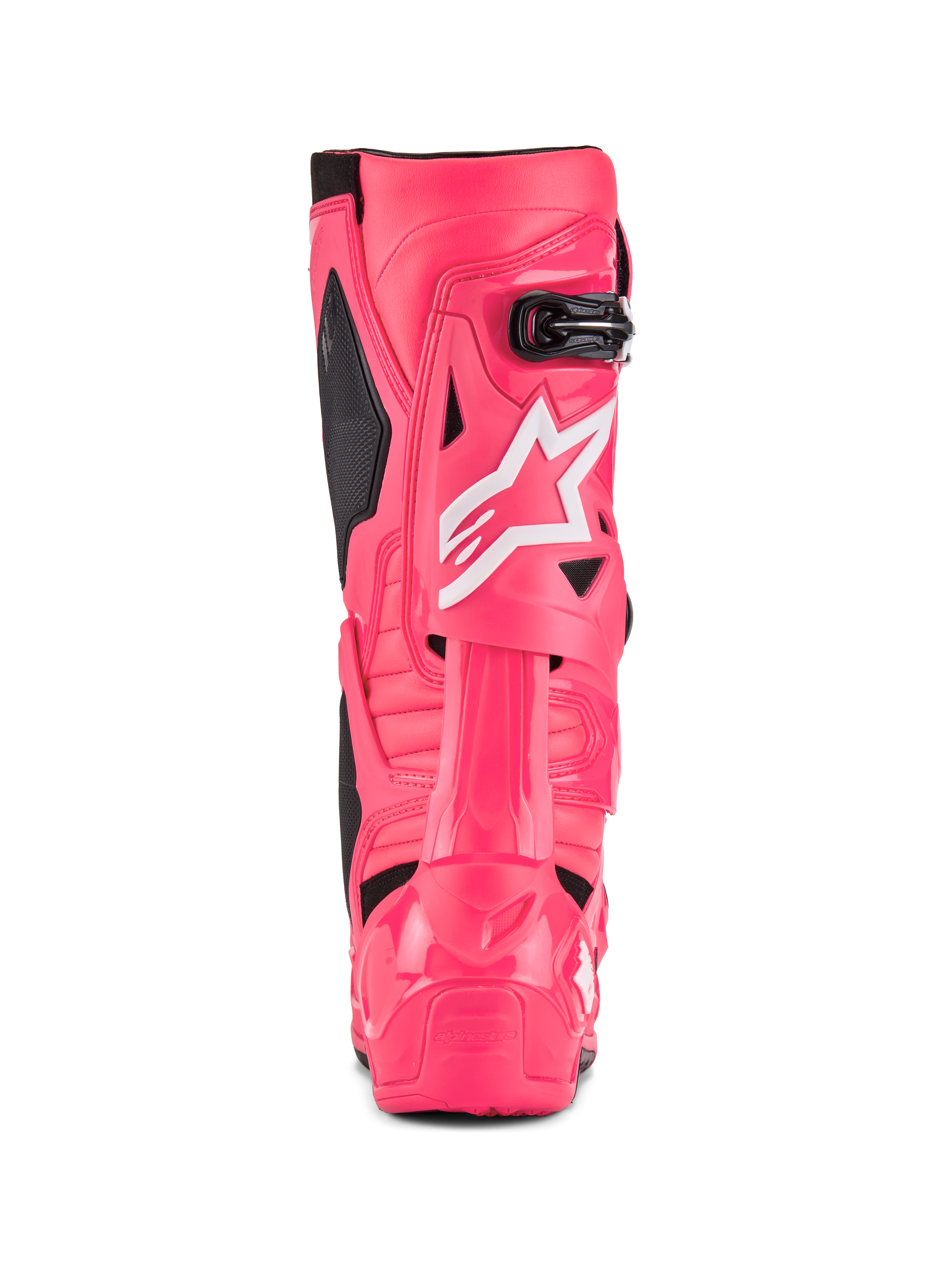 Alpinestars Tech 10 Stiefel, Motocross-Stiefel, Diva Pink und Weiß, Rückansicht mit weißem Alpinestars Stern-Logo, schwarzen Akzenten und strukturiertem Fersen- und Wadenschutz, professionelles Offroad-Rennschuhwerk