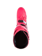 Alpinestars Tech 10 Stiefel, Motocross-Stiefel, Diva Pink und Weiß, Draufsicht mit Blick in das schwarze Innenfutter, pinkfarbene Außenschale mit weißen und schwarzen Schnallenakzenten, Hochleistungs-Offroad-Schuhwerk