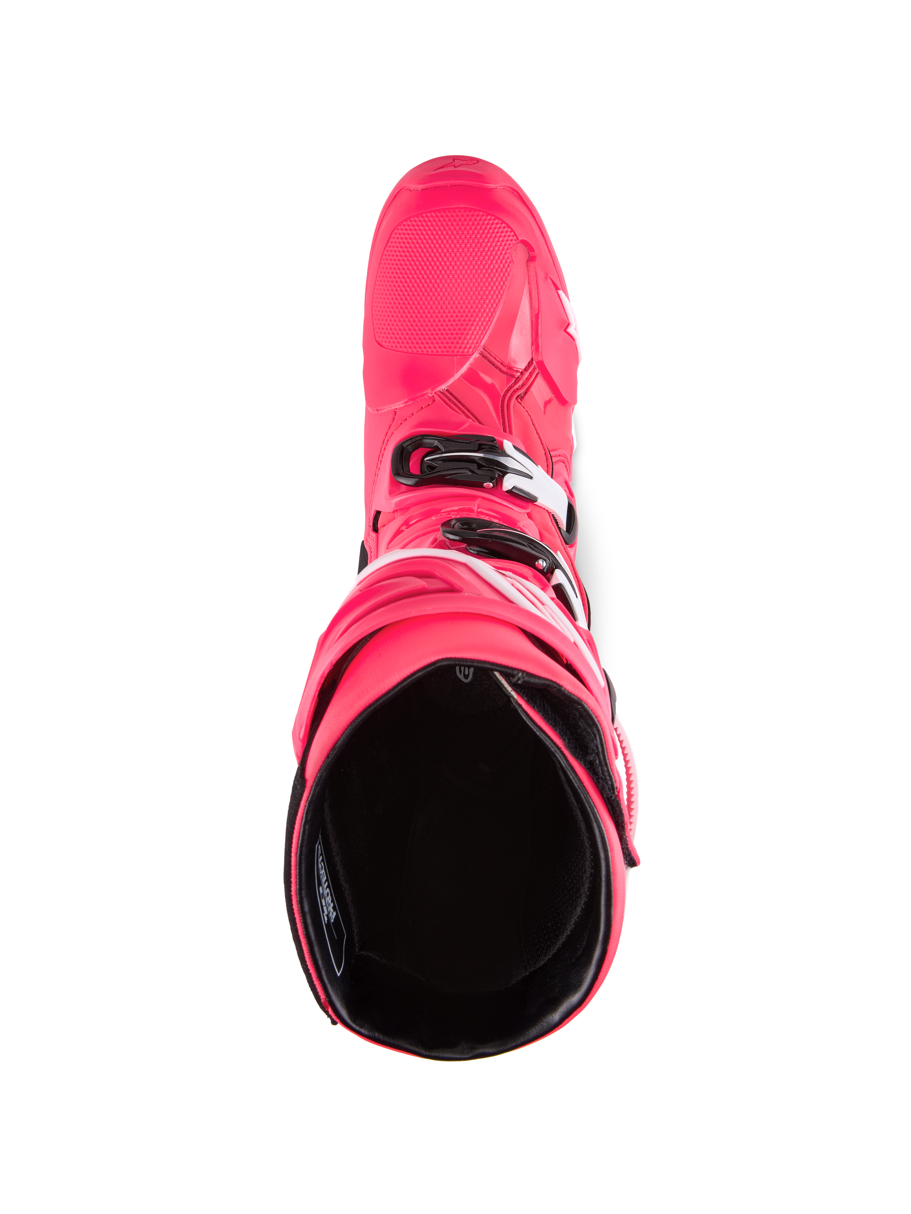 Alpinestars Tech 10 Stiefel, Motocross-Stiefel, Diva Pink und Weiß, Draufsicht mit Blick in das schwarze Innenfutter, pinkfarbene Außenschale mit weißen und schwarzen Schnallenakzenten, Hochleistungs-Offroad-Schuhwerk
