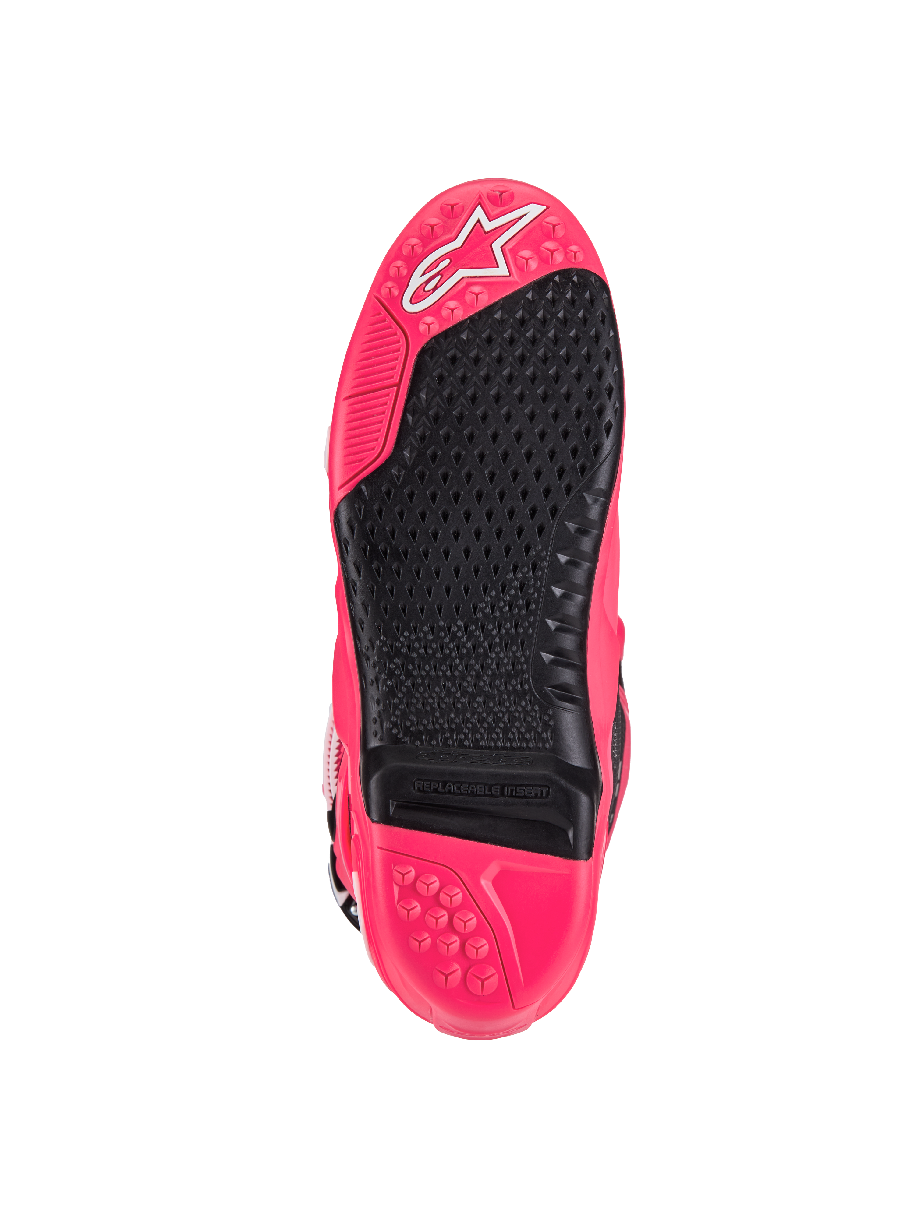 Alpinestars Tech 10 Stiefel, Motocross-Stiefel, Diva Pink und Schwarz, Sohlenansicht mit strukturiertem Profil, austauschbarem Fußrasteneinsatz und charakteristischem Astars-Logo, entwickelt für überlegenen Grip und Langlebigkeit