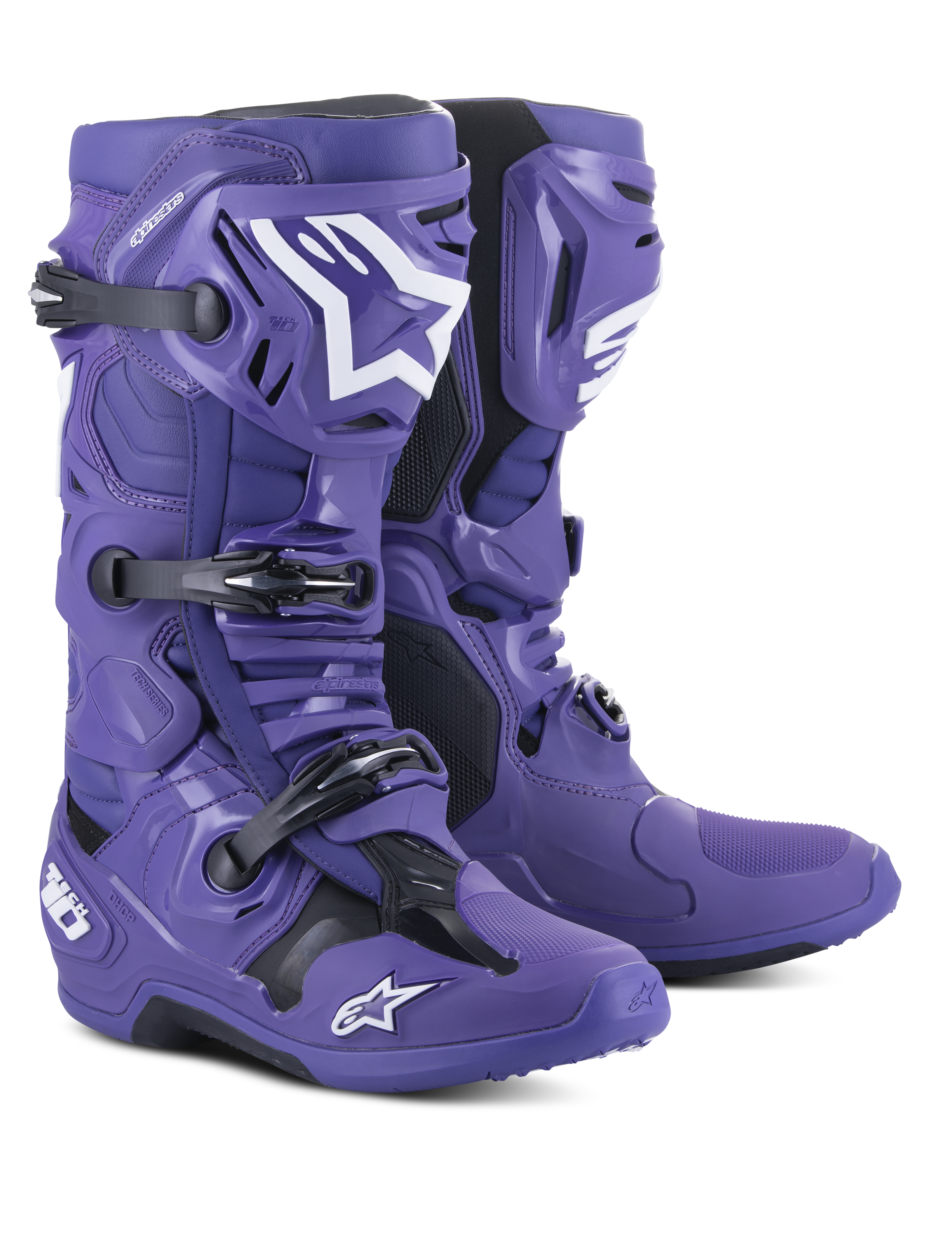 Alpinestars Tech 10 Motocross-Stiefel, Ultraviolett Lila mit schwarzen und weißen Akzenten, Dreifach-Schnallen-Verschlusssystem, TPU-Schutzschale und Alpinestars Stern-Logos, Hochleistungs-Offroad-Rennsport-Fußbekleidung