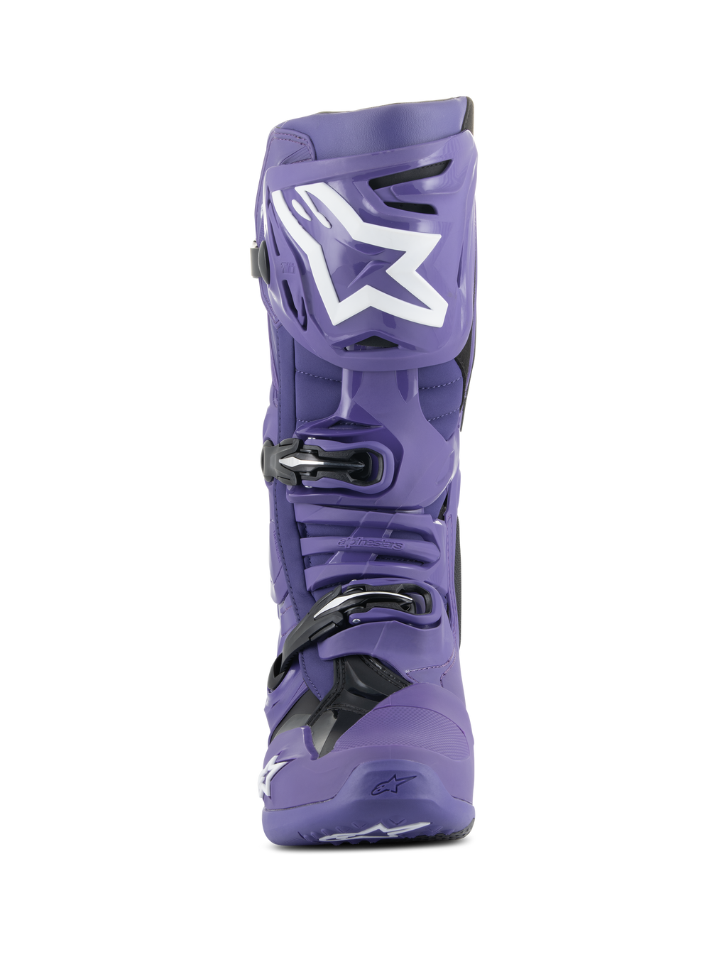 Alpinestars Tech 10 Stiefel, Motocross-Stiefel, Ultraviolett-Lila und Schwarz, Vorderansicht, mit weißem Alpinestars-Logo auf dem Schienbein, Dreifach-Schnallen-Verschlusssystem, strapazierfähige TPU-Schale für den Offroad-Rennsport