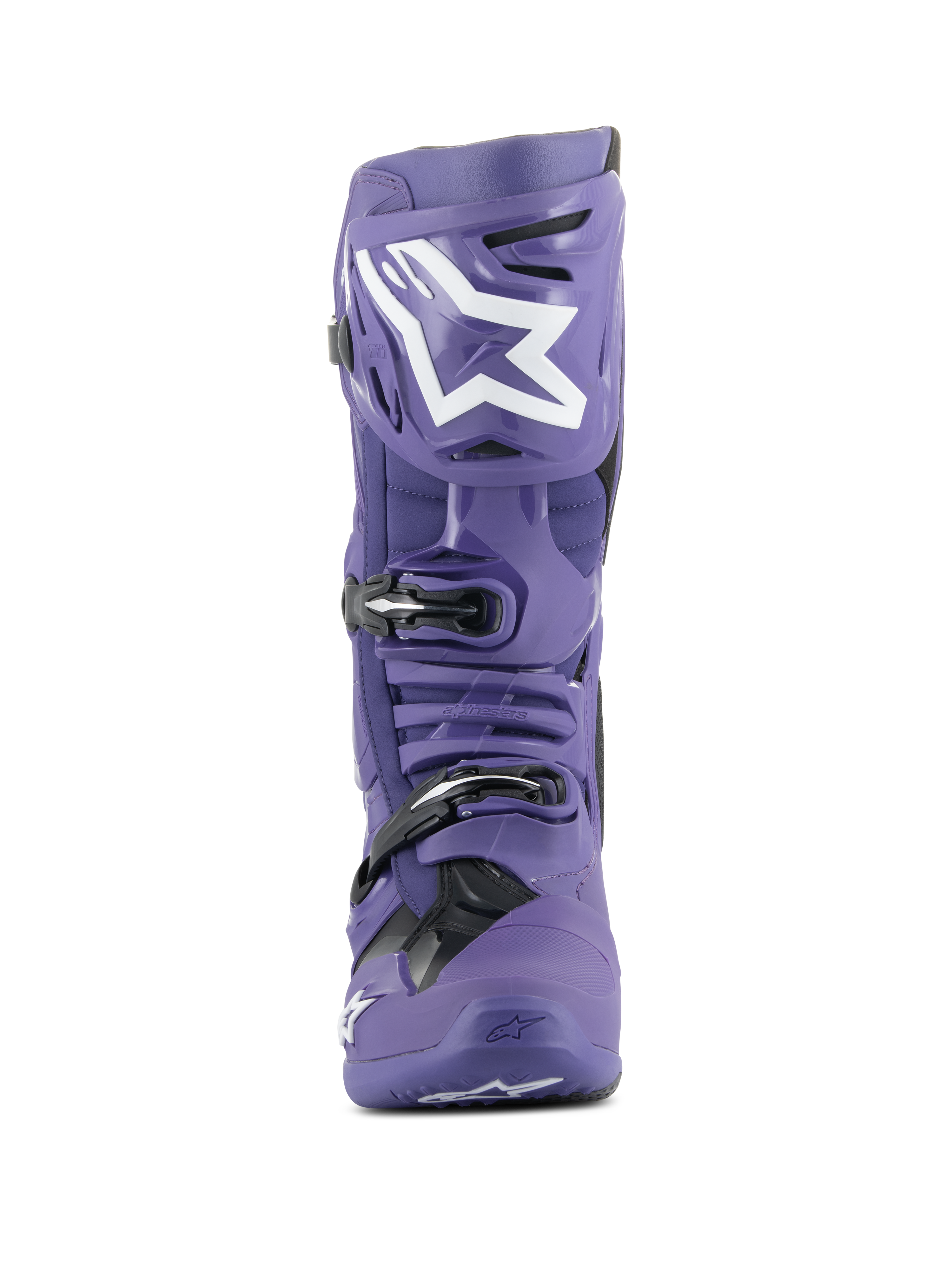 Alpinestars Tech 10 Stiefel, Motocross-Stiefel, Ultraviolett-Lila und Schwarz, Vorderansicht, mit weißem Alpinestars-Logo auf dem Schienbein, Dreifach-Schnallen-Verschlusssystem, strapazierfähige TPU-Schale für den Offroad-Rennsport