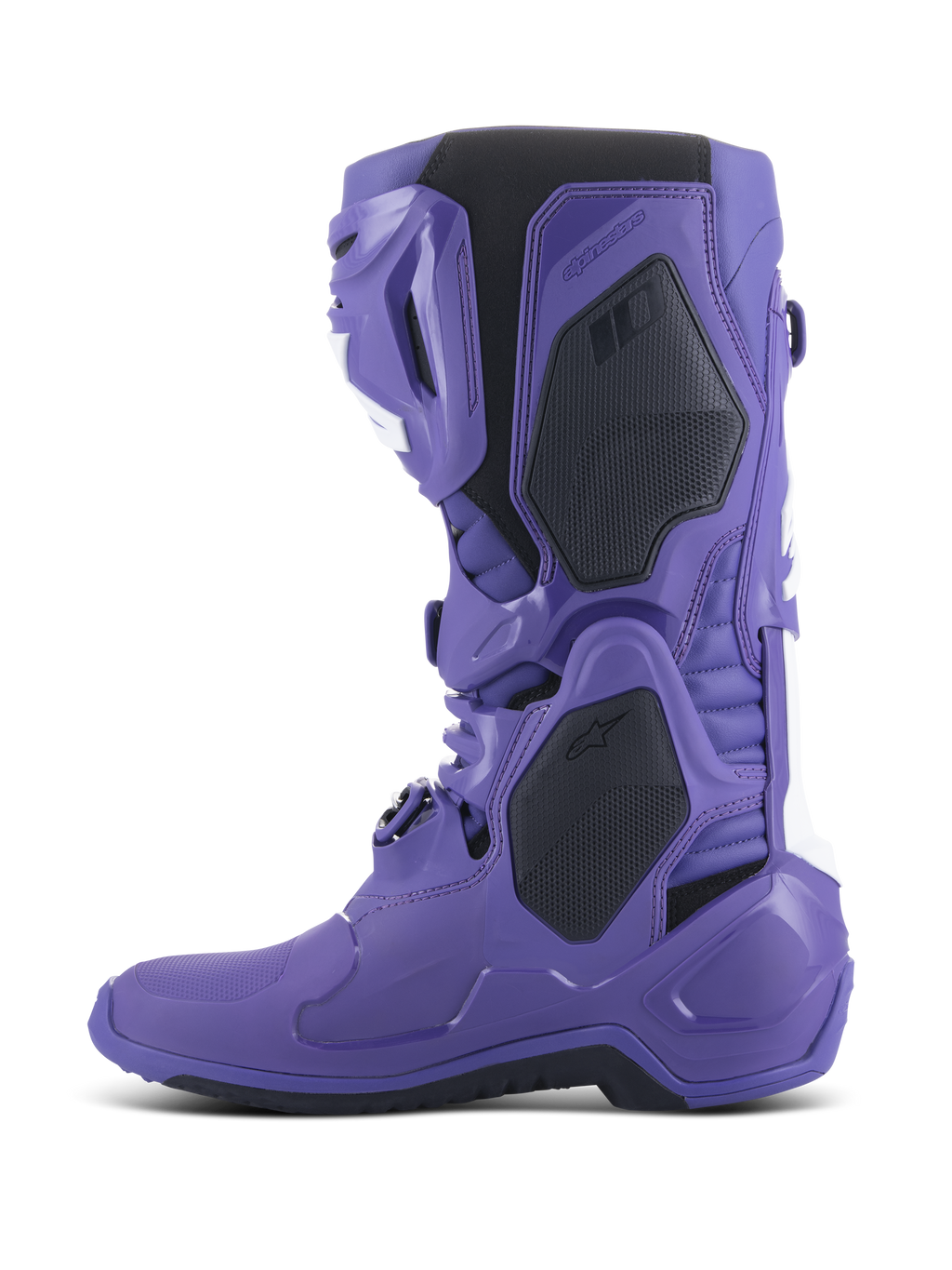 Alpinestars Tech 10 Stiefel, Motocross-Stiefel, Ultraviolet Black, Seitenansicht, leuchtend lila TPU-Schale mit schwarzen und weißen Akzenten, fortschrittliches Schnallenverschlusssystem und verstärkte Schutzpaneele für Offroad-Performance.