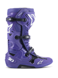 Alpinestars Tech 10 Stiefel, Motocross-Offroad-Stiefel, Ultraviolet-Lila mit schwarzen und weißen Akzenten, Dreifach-Schnallen-Verschluss, weiße Stern-Logos, Tech 10 Branding an der Ferse, robuste Sohle, leistungsstarkes Schutzschuhwerk
