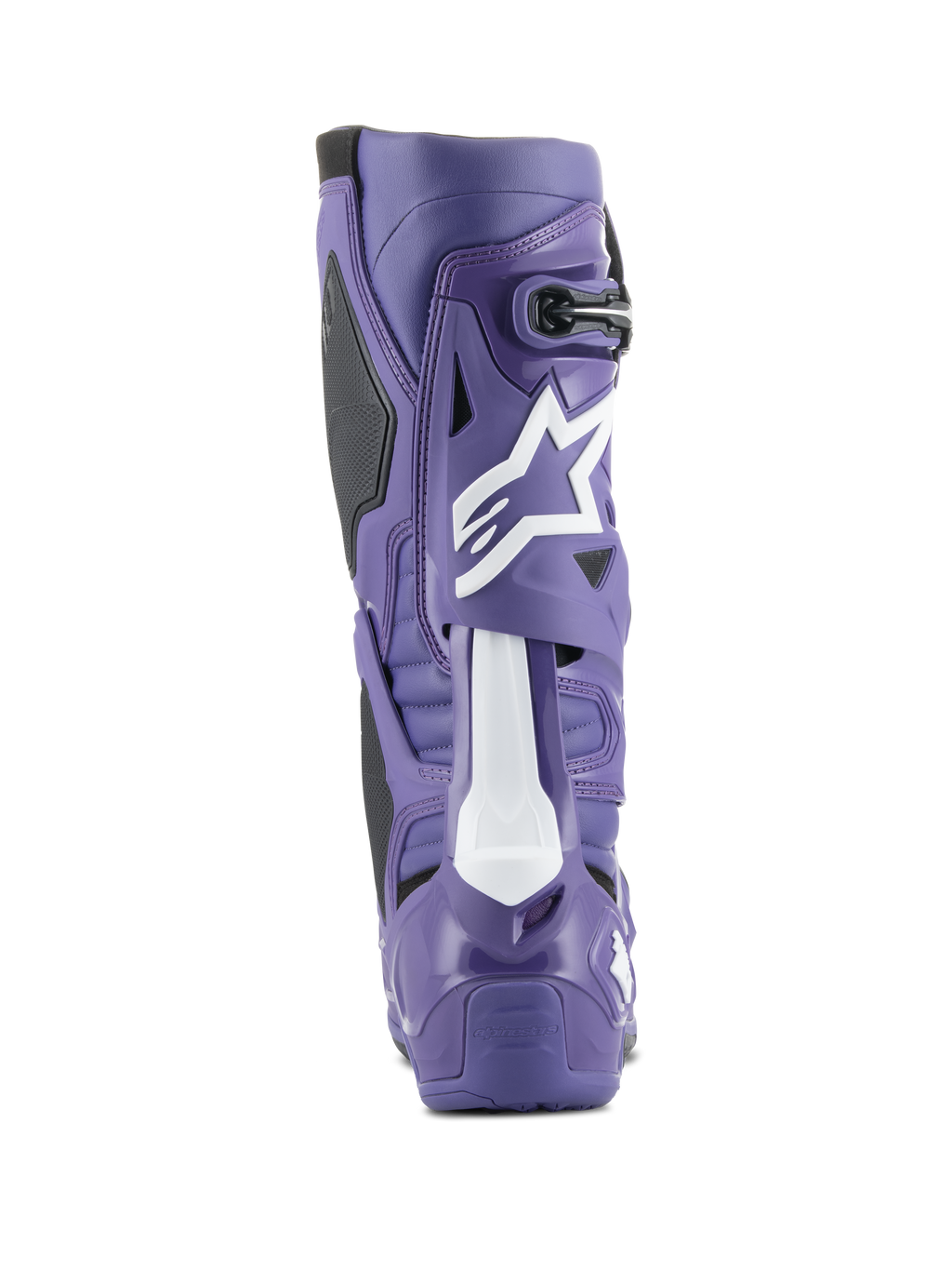 Alpinestars Tech 10 Motocross-Stiefel, Ultraviolett und Schwarz, Rückansicht zeigt hochdichte TPU-Schale, weißes Astars-Logo an der Wade und verstärkte Ferse für den Offroad-Rennsport