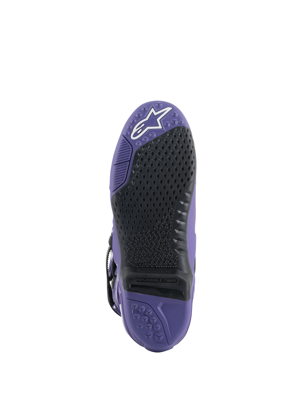 Alpinestars Tech 10 Stiefel, Motocross-Stiefel, Ultraviolett Schwarz, Sohlenansicht mit austauschbarem schwarzem Grip-Einsatz, lila Außensohle mit strukturierten Mustern und weißem Stern-Logo an der Zehenpartie