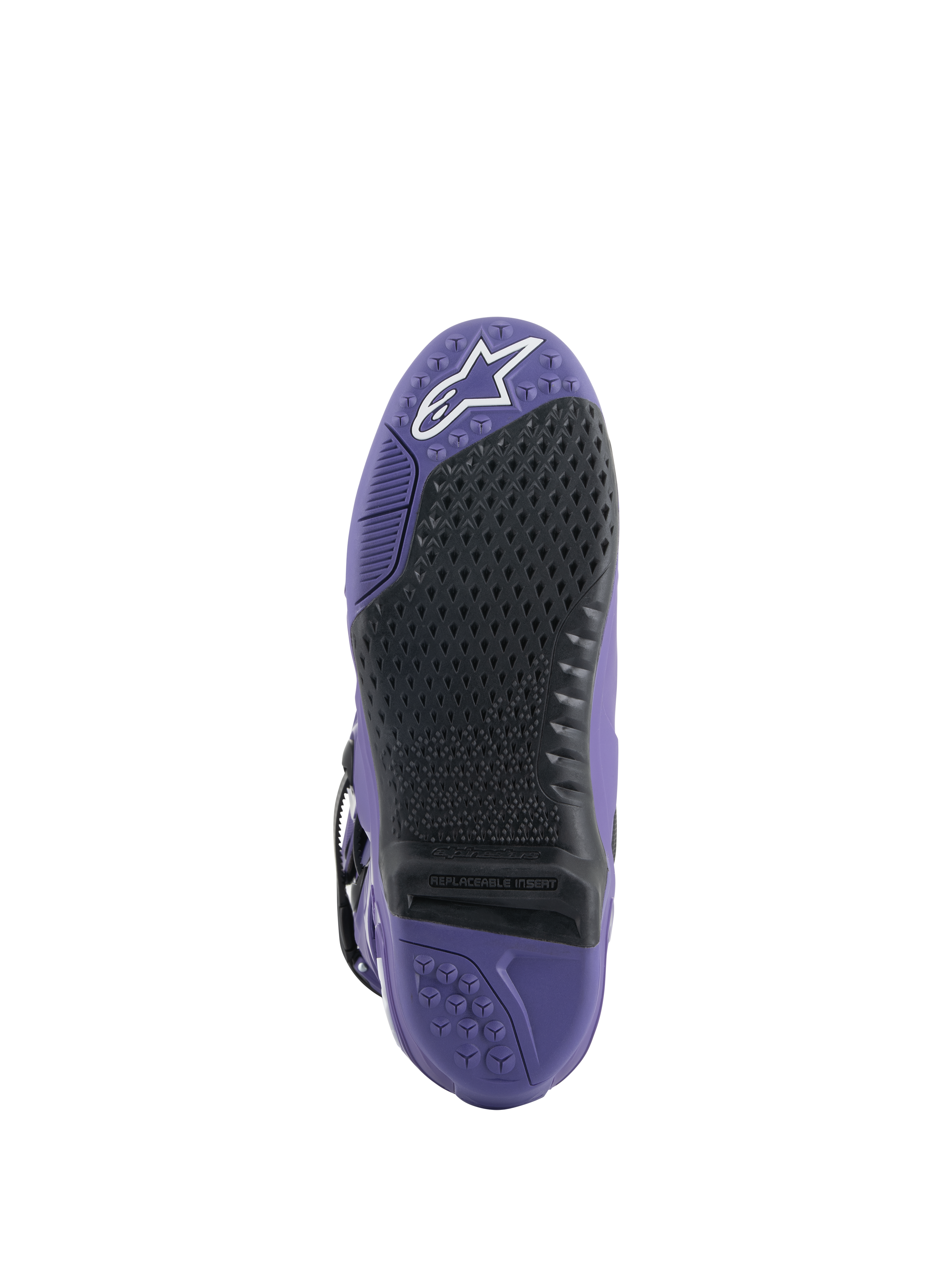 Alpinestars Tech 10 Stiefel, Motocross-Stiefel, Ultraviolett Schwarz, Sohlenansicht mit austauschbarem schwarzem Grip-Einsatz, lila Außensohle mit strukturierten Mustern und weißem Stern-Logo an der Zehenpartie