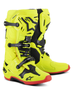 Alpinestars Tech 10 Stiefel, Motocross-Stiefel, Gelb Fluo mit schwarzen und roten Fluo-Akzenten, Dreifach-Schnallen-System, TPU-Schale mit Alpinestars Stern-Logo, rote Sohlen, professionelle Offroad-Rennausrüstung