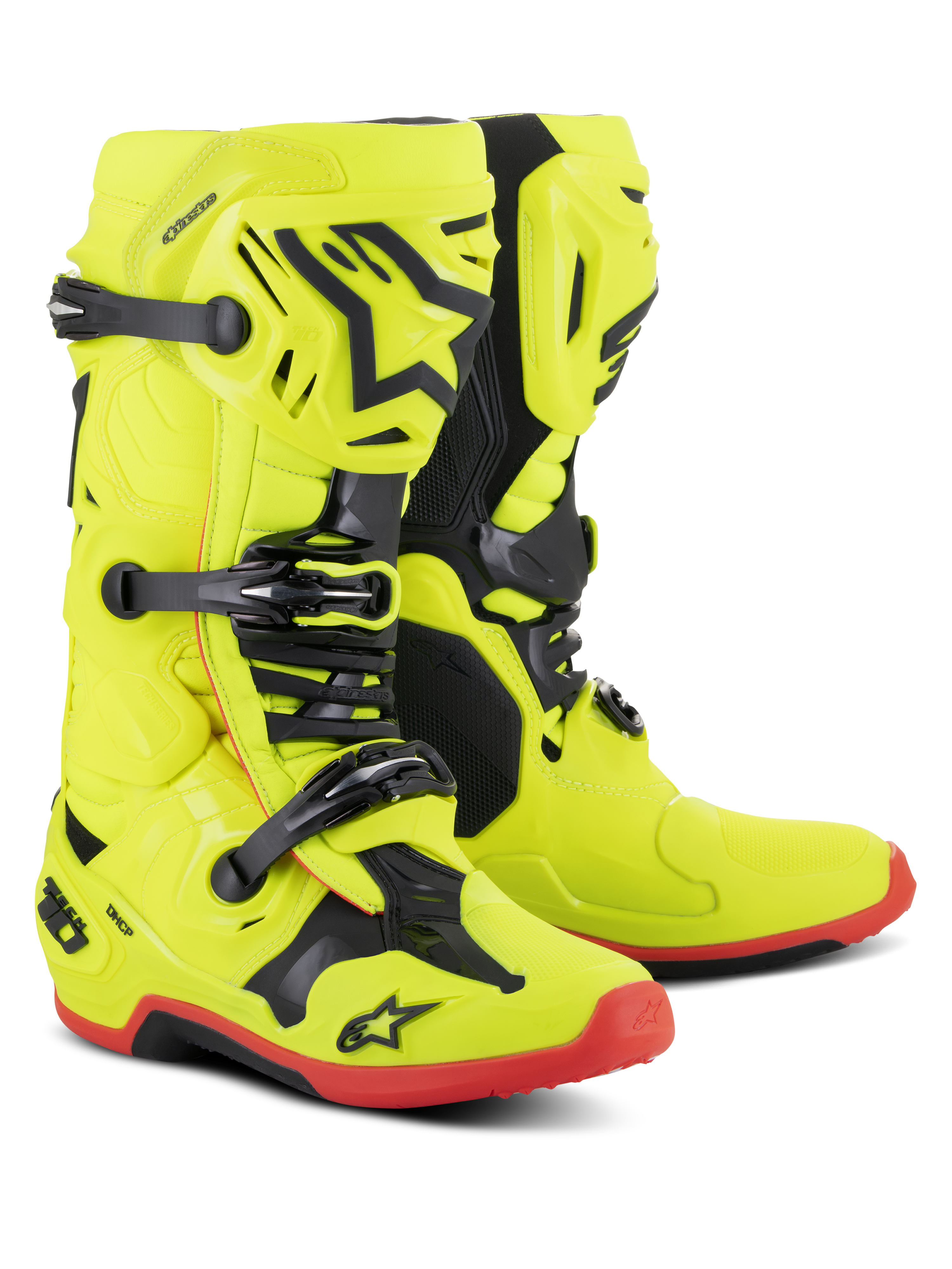 Alpinestars Tech 10 Stiefel, Motocross-Stiefel, Gelb Fluo mit schwarzen und roten Fluo-Akzenten, Dreifach-Schnallen-System, TPU-Schale mit Alpinestars Stern-Logo, rote Sohlen, professionelle Offroad-Rennausrüstung