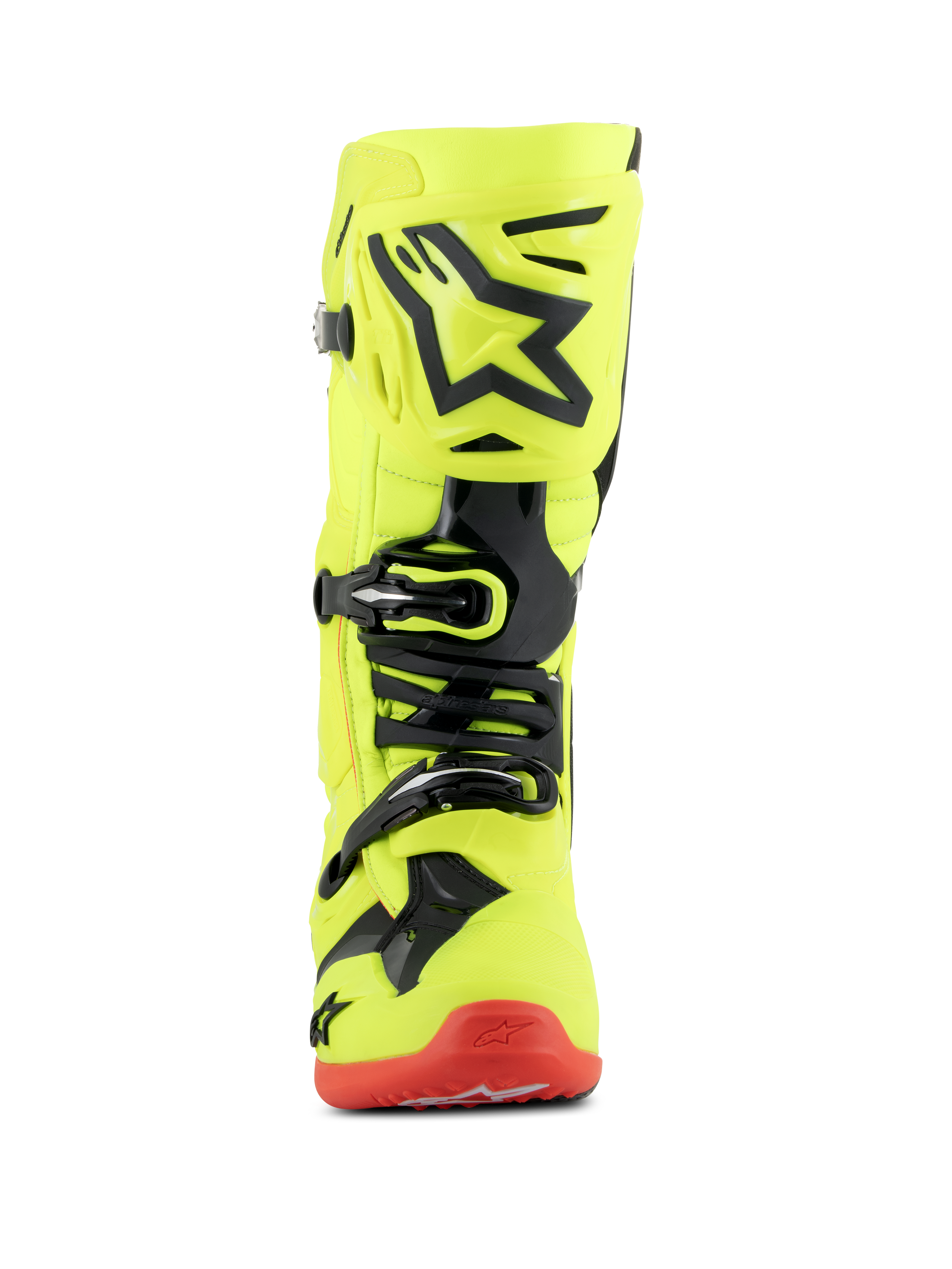 Alpinestars Tech 10 Stiefel, Motocross-Stiefel, Gelb Fluo Schwarz und Rot Fluo, Frontansicht, neongelbes Chassis mit schwarzen TPU-Akzenten und Schnallensystem, rote Sohle, hochwertiges Schuhwerk für den Offroad-Rennsport
