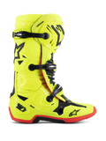 Alpinestars Tech 10 Stiefel, Motocross-Rennstiefel, Gelb Fluo mit schwarzen und roten Akzenten, Seitenansicht mit Dreifach-Schnallenverschluss, verstärkter Schienbeinplatte, roter griffiger Sohle und DHCP-Fersenschutz, professionelle Offroad-Motorradausrüstung