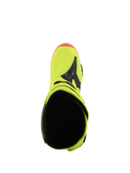 Alpinestars Tech 10 Stiefel, Motocross-Stiefel, Gelb Fluo, Schwarz und Rot Fluo, Draufsicht mit Fokus auf die Einstiegsöffnung und den Zehenbereich, leuchtende Neonfarben mit schwarzen Akzenten, professionelles Schuhwerk für den Offroad-Rennsport