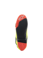 Alpinestars Tech 10 Stiefel, Motocross-Stiefel, Gelb Fluo Schwarz Rot Fluo, Sohlenansicht mit rot-schwarzem Dual-Compound-Material, austauschbarer zentraler Grip-Einsatz und Traktionsstollen für Offroad-Performance.