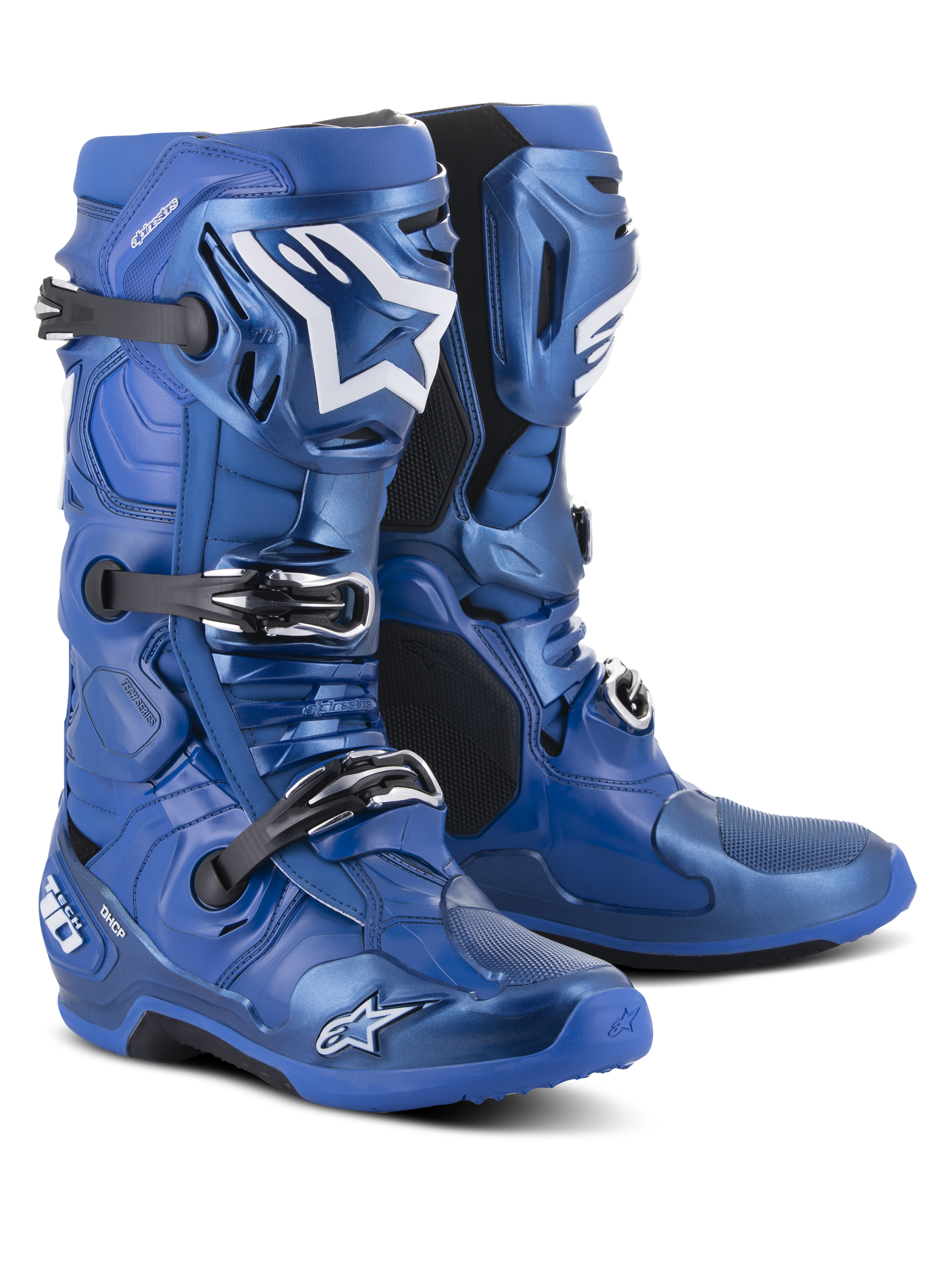 Alpinestars Tech 10 Stiefel, Motocross-Stiefel, Blau und Schwarz, mit einem Dreifach-Schnallen-Verschlusssystem, weißem Alpinestars Stern-Logo auf dem Schienbein, robuster TPU-Schale und verstärkter Sohle für Offroad-Performance