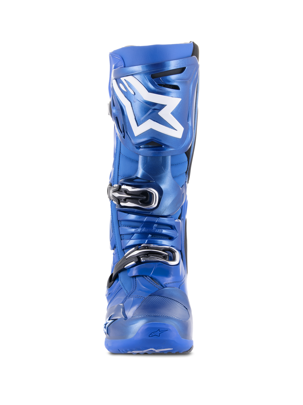 Alpinestars Tech 10 Motocross-Stiefel, Blau und Schwarz, Vorderansicht, mit weißem Astars-Logo auf der Schienbeinplatte, schwarz-silbernes Dreifach-Schnallen-Verschlusssystem, strapazierfähige TPU-Schalenkonstruktion für Offroad-Performance