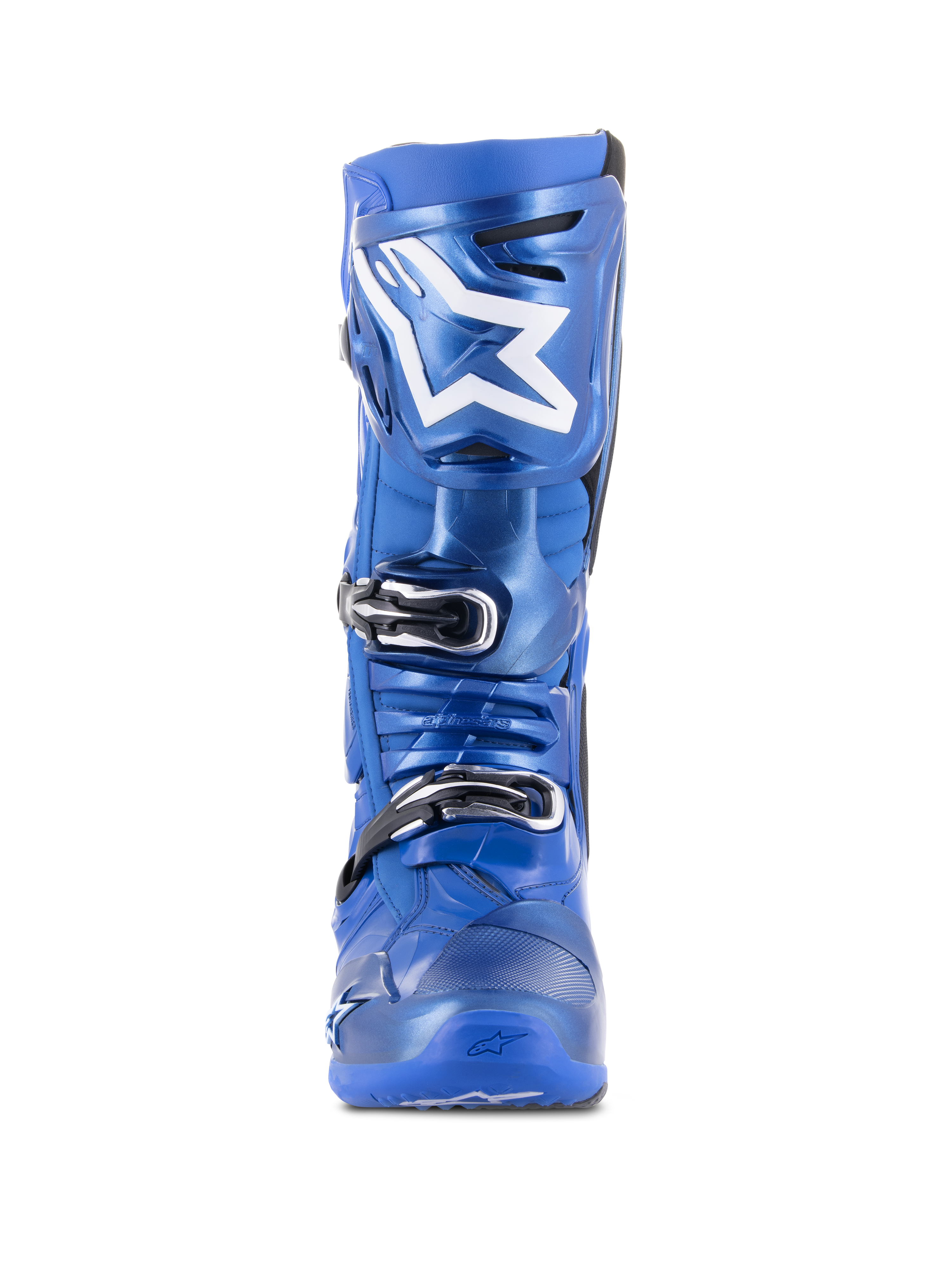 Alpinestars Tech 10 Motocross-Stiefel, Blau und Schwarz, Vorderansicht, mit weißem Astars-Logo auf der Schienbeinplatte, schwarz-silbernes Dreifach-Schnallen-Verschlusssystem, strapazierfähige TPU-Schalenkonstruktion für Offroad-Performance