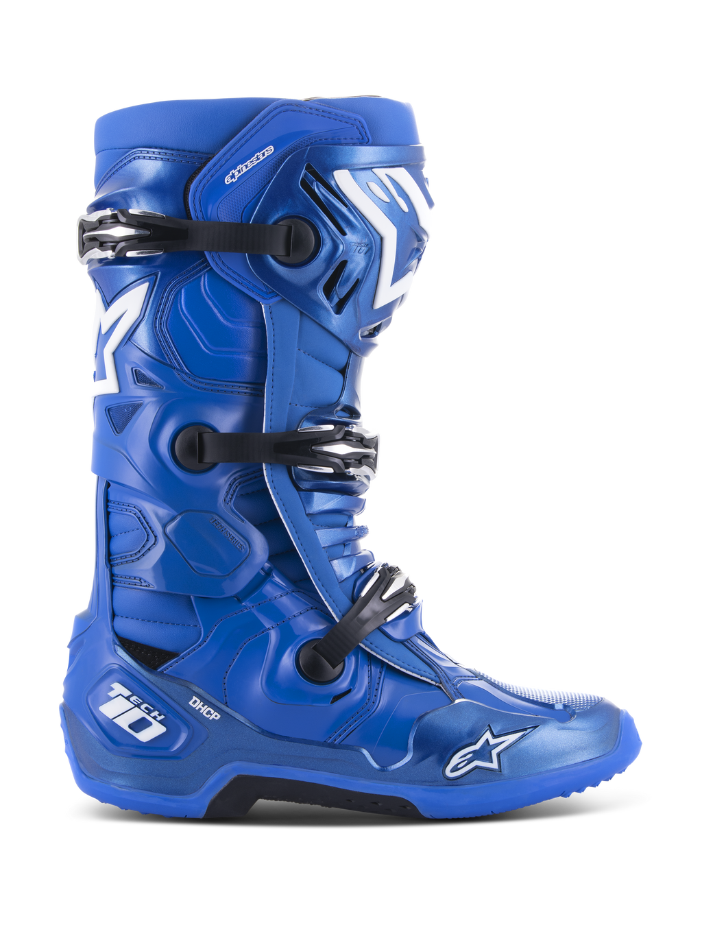 Alpinestars Tech 10 Motocross-Stiefel, Blau mit weißen und schwarzen Akzenten, Seitenprofil, Dreifach-Schnallen-Verschlusssystem, DHCP-Fersenschutz, Stern-Logo und Tech 10-Branding, robuste griffige Sohle, professionelle Offroad-Rennausrüstung