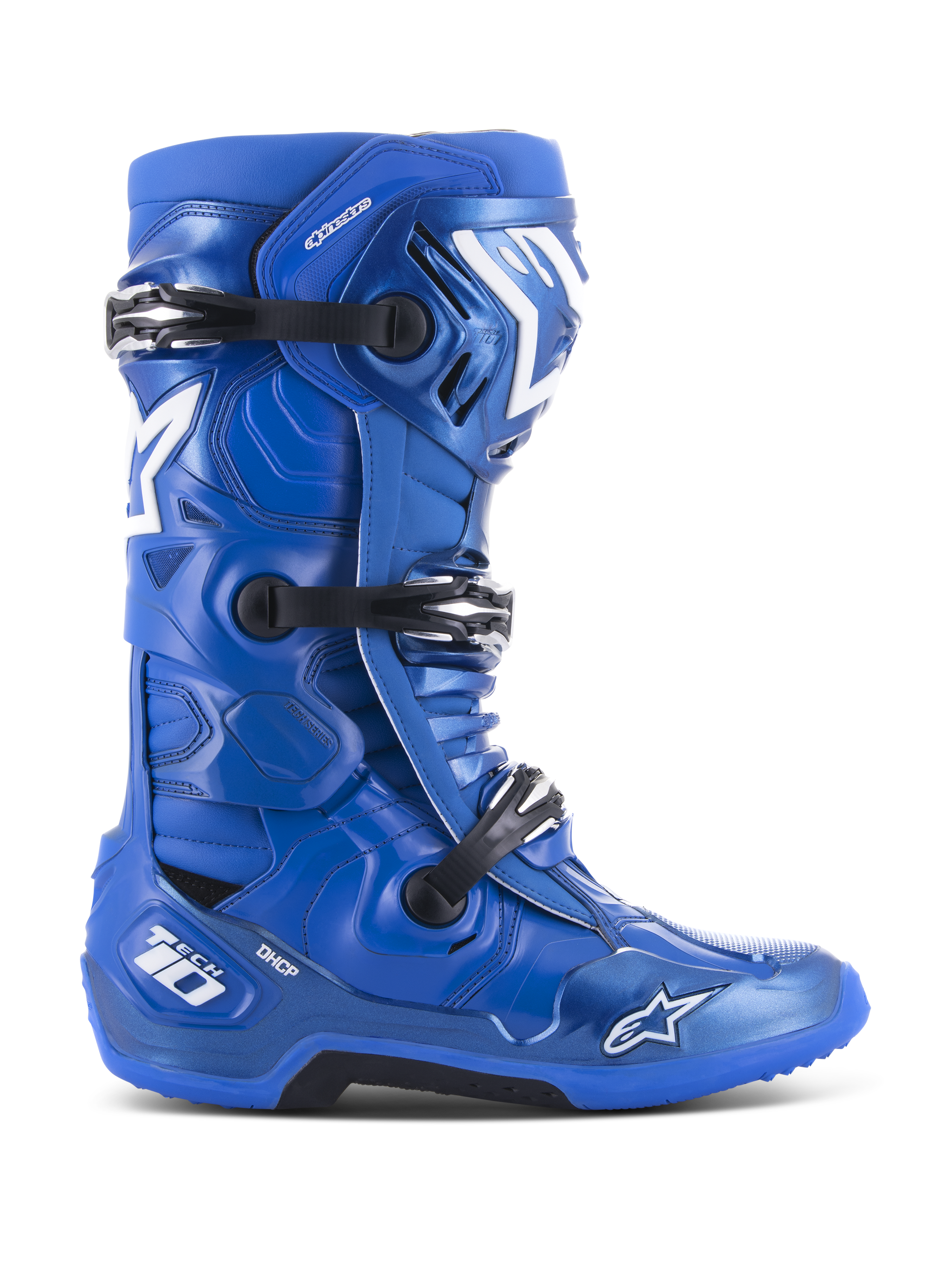 Alpinestars Tech 10 Motocross-Stiefel, Blau mit weißen und schwarzen Akzenten, Seitenprofil, Dreifach-Schnallen-Verschlusssystem, DHCP-Fersenschutz, Stern-Logo und Tech 10-Branding, robuste griffige Sohle, professionelle Offroad-Rennausrüstung