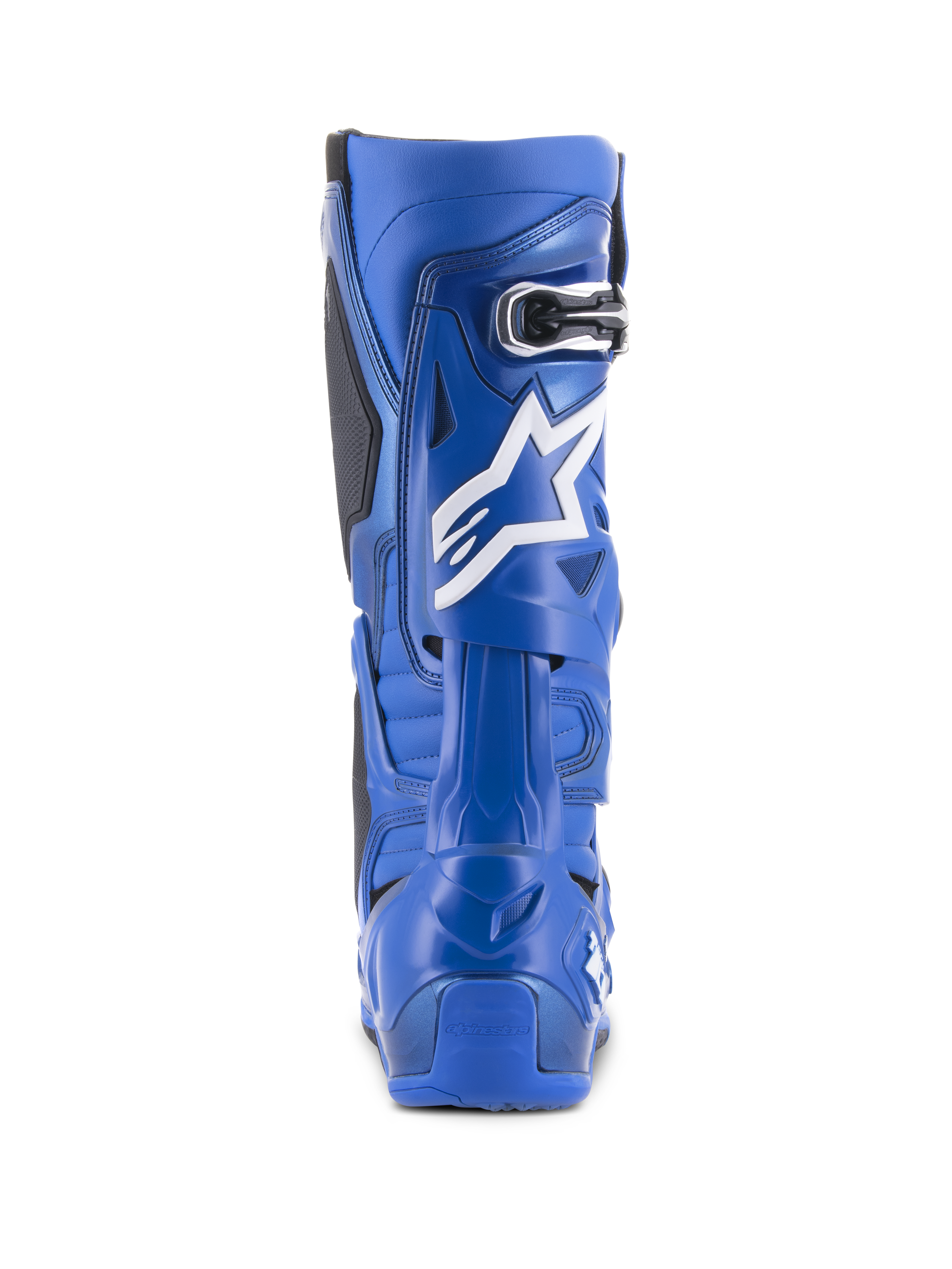 Alpinestars Tech 10 Stiefel, Blau und Schwarz, Rückansicht mit weißem Stern-Logo und Schnallendetail, Hochleistungs-Motocross-Fußbekleidung für Offroad-Rennen