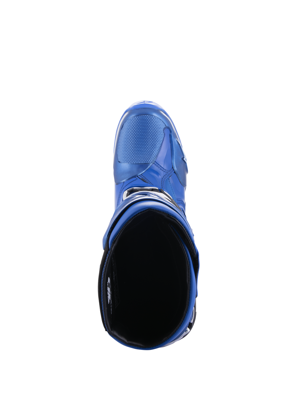 Alpinestars Tech 10 Stiefel, Motocross-Stiefel, Blau und Schwarz, Ansicht von oben mit Blick in das Innenfutter und die Wadenöffnung, zeigt das stromlinienförmige Design und die schützende TPU-Außenschale