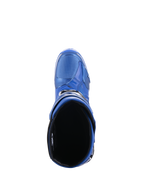 Alpinestars Tech 10 Stiefel, Motocross-Stiefel, Blau und Schwarz, Ansicht von oben mit Blick in das Innenfutter und die Wadenöffnung, zeigt das stromlinienförmige Design und die schützende TPU-Außenschale