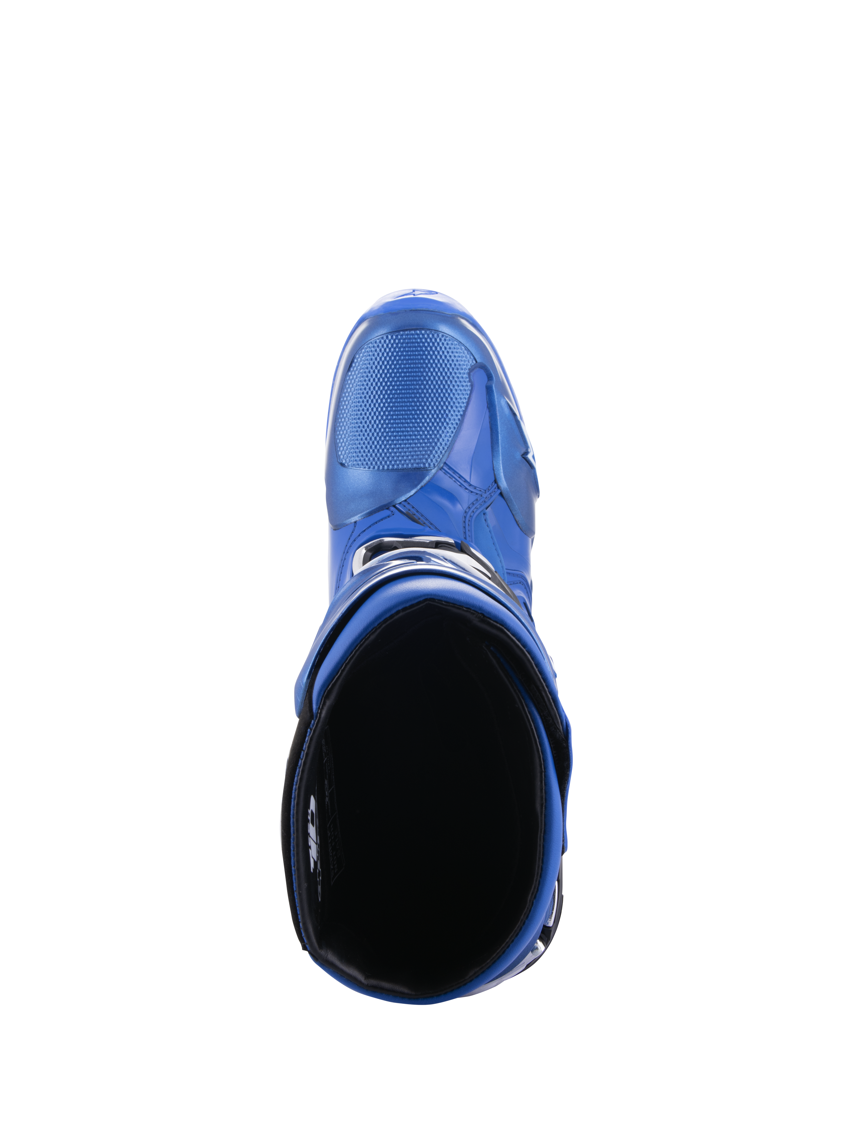 Alpinestars Tech 10 Stiefel, Motocross-Stiefel, Blau und Schwarz, Ansicht von oben mit Blick in das Innenfutter und die Wadenöffnung, zeigt das stromlinienförmige Design und die schützende TPU-Außenschale