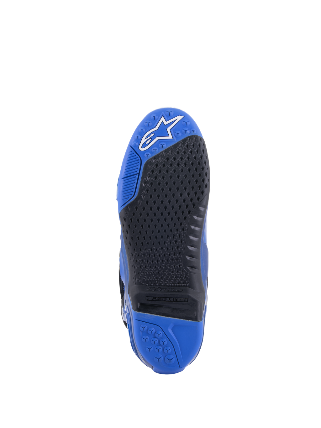 Alpinestars Tech 10 Stiefel, Blau und Schwarz, Detailansicht der Sohle mit texturierter schwarzer Grifffläche und austauschbarem Mitteleinsatz, blauer Zehenbereich mit weißem Logo und blauer Ferse, leistungsstarkes Motocross-Stiefel-Design