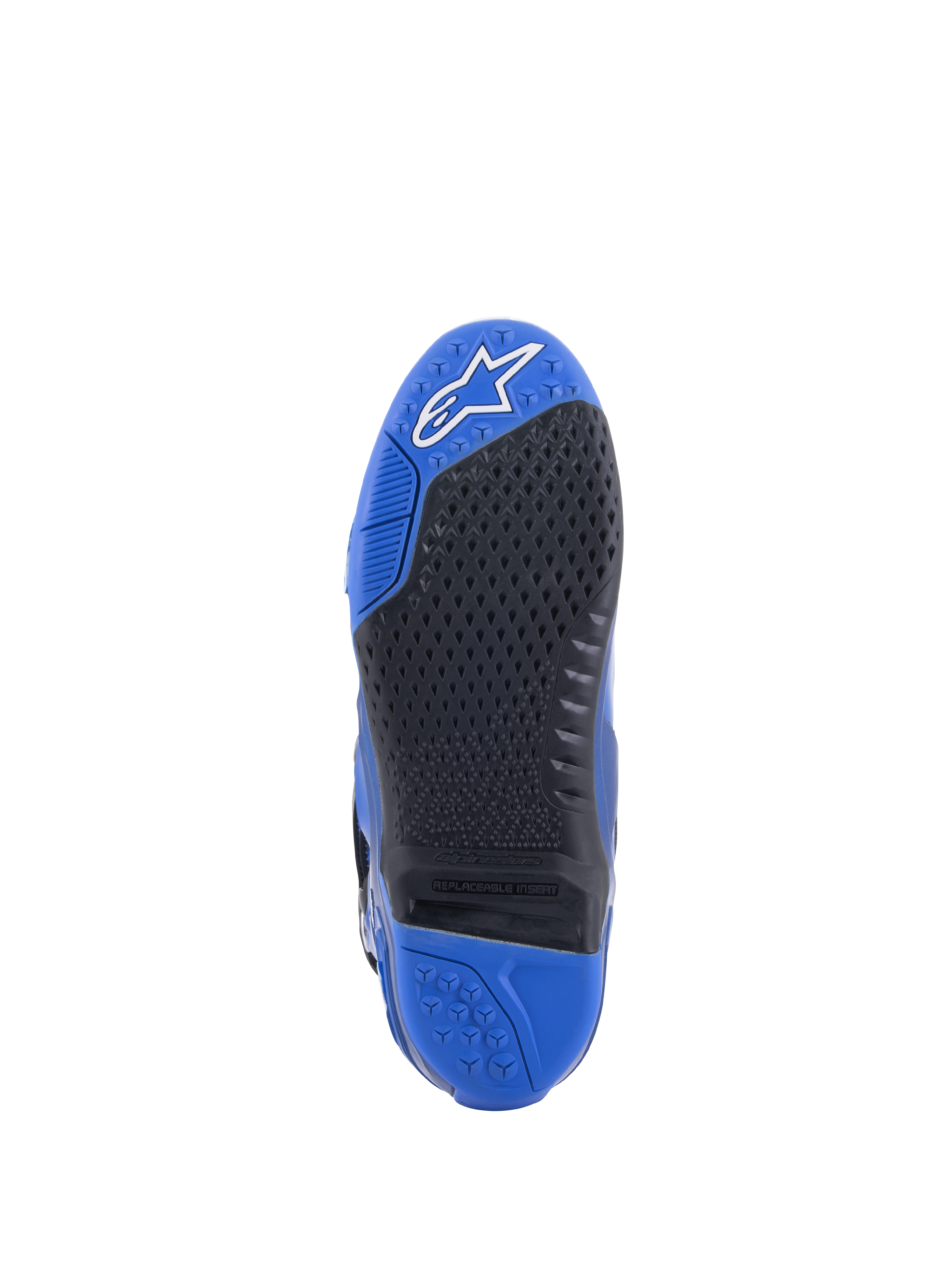Alpinestars Tech 10 Stiefel, Blau und Schwarz, Detailansicht der Sohle mit texturierter schwarzer Grifffläche und austauschbarem Mitteleinsatz, blauer Zehenbereich mit weißem Logo und blauer Ferse, leistungsstarkes Motocross-Stiefel-Design