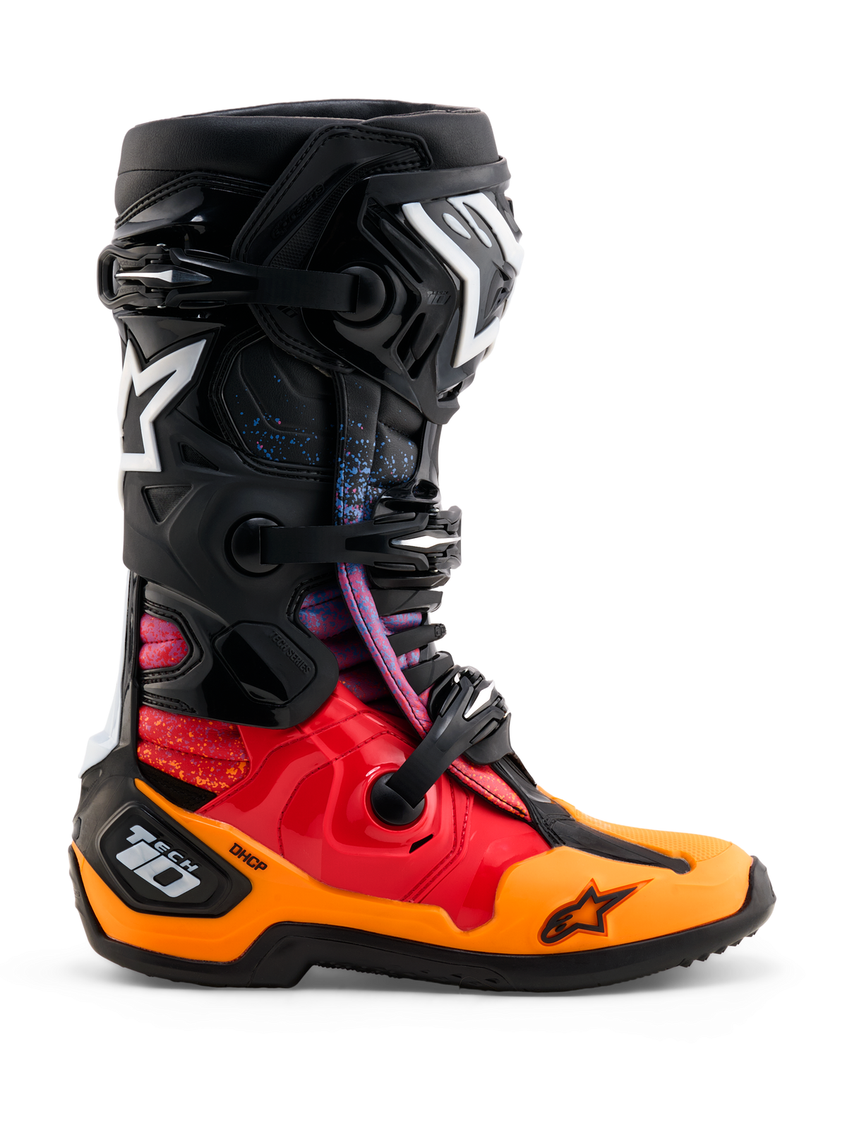 Alpinestars Limited Edition Tech 10 Black Hole Boots, Motocross Racing Boots, Black Burst colorway featuring red and orange gradients with blue speckles, white Alpinestars star logos, triple buckle closure system, and protective DHCP heel chassis, side profile