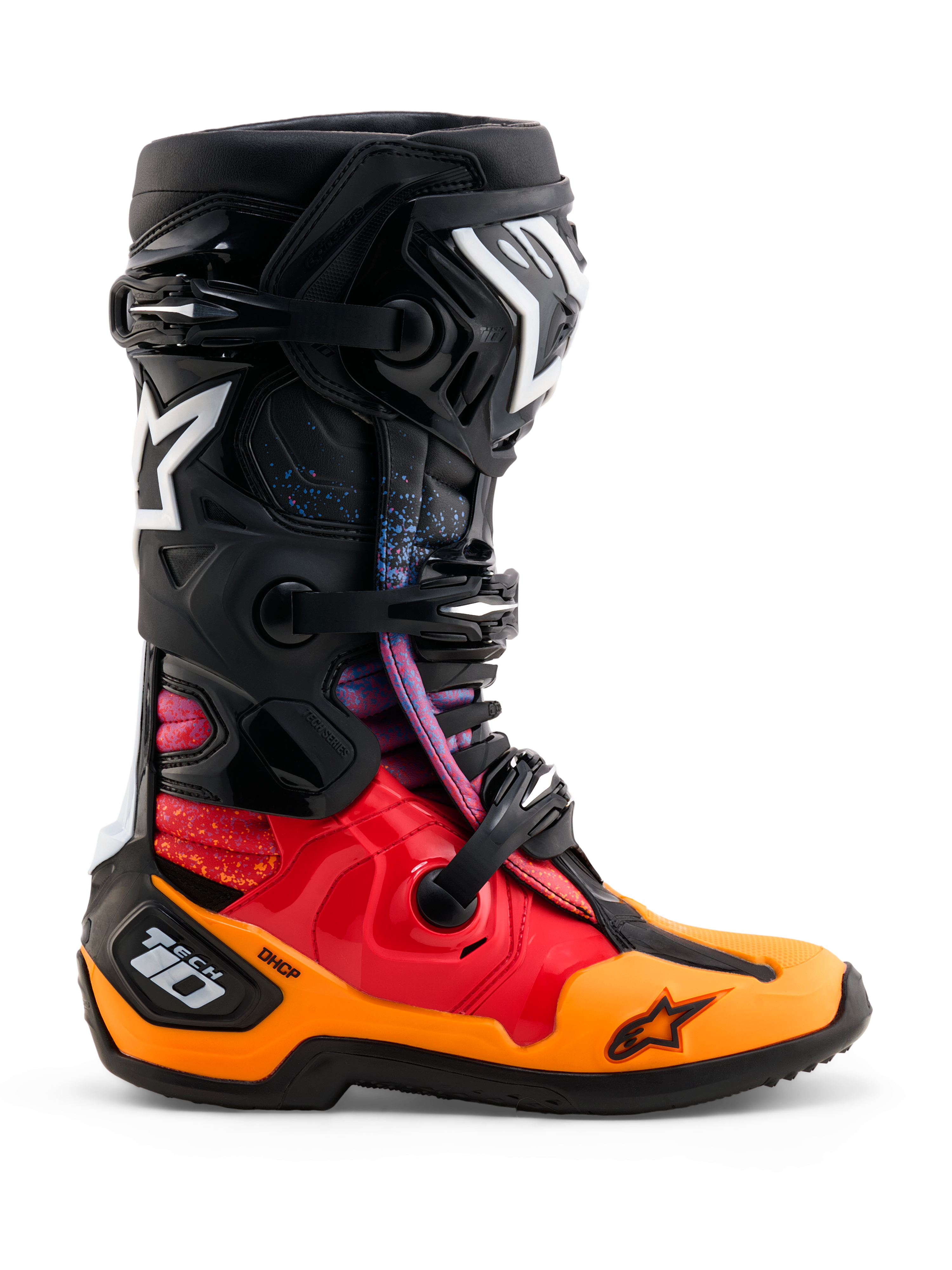 Alpinestars Limited Edition Tech 10 Black Hole Boots, Motocross Racing Boots, Black Burst colorway featuring red and orange gradients with blue speckles, white Alpinestars star logos, triple buckle closure system, and protective DHCP heel chassis, side profile
