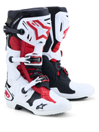 Alpinestars Tech 10 Boots, Motocross Boots, White, Black, and Bright Red, pair view highlighting TPU protection plates, buckle closure system, and DHCP heel support.