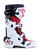 Alpinestars Tech 10 Boots, Motocross and Off-Road Boots in White, Black, and Bright Red, side view featuring durable TPU shell, buckle closure system, and Dynamic Heel Compression Protector (DHCP).