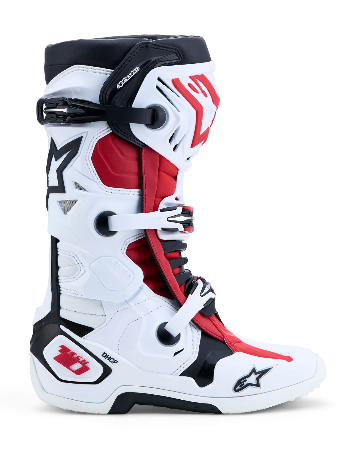 Alpinestars Tech-10 Motocross-Stiefel in Weiß und Rot mit DHCP-Schutz und Doppelpivotsystem für Offroad-Einsätze.